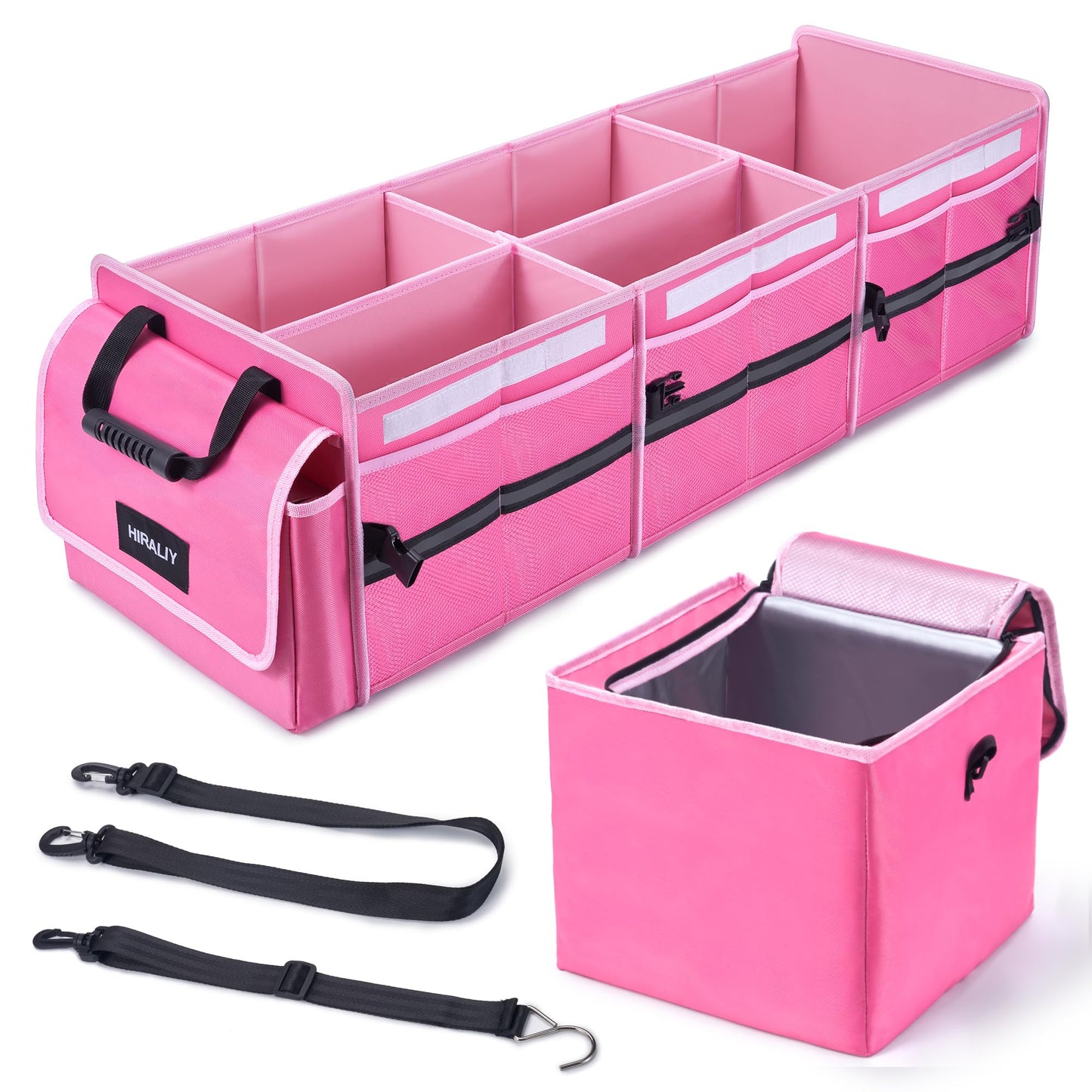 HIRALIY 4 in 1 Car Trunk Storage Organizer, Multi Compartment Collapsible Trunk Storage Box with Leakproof Insulated Bag for Car Truck SUV
