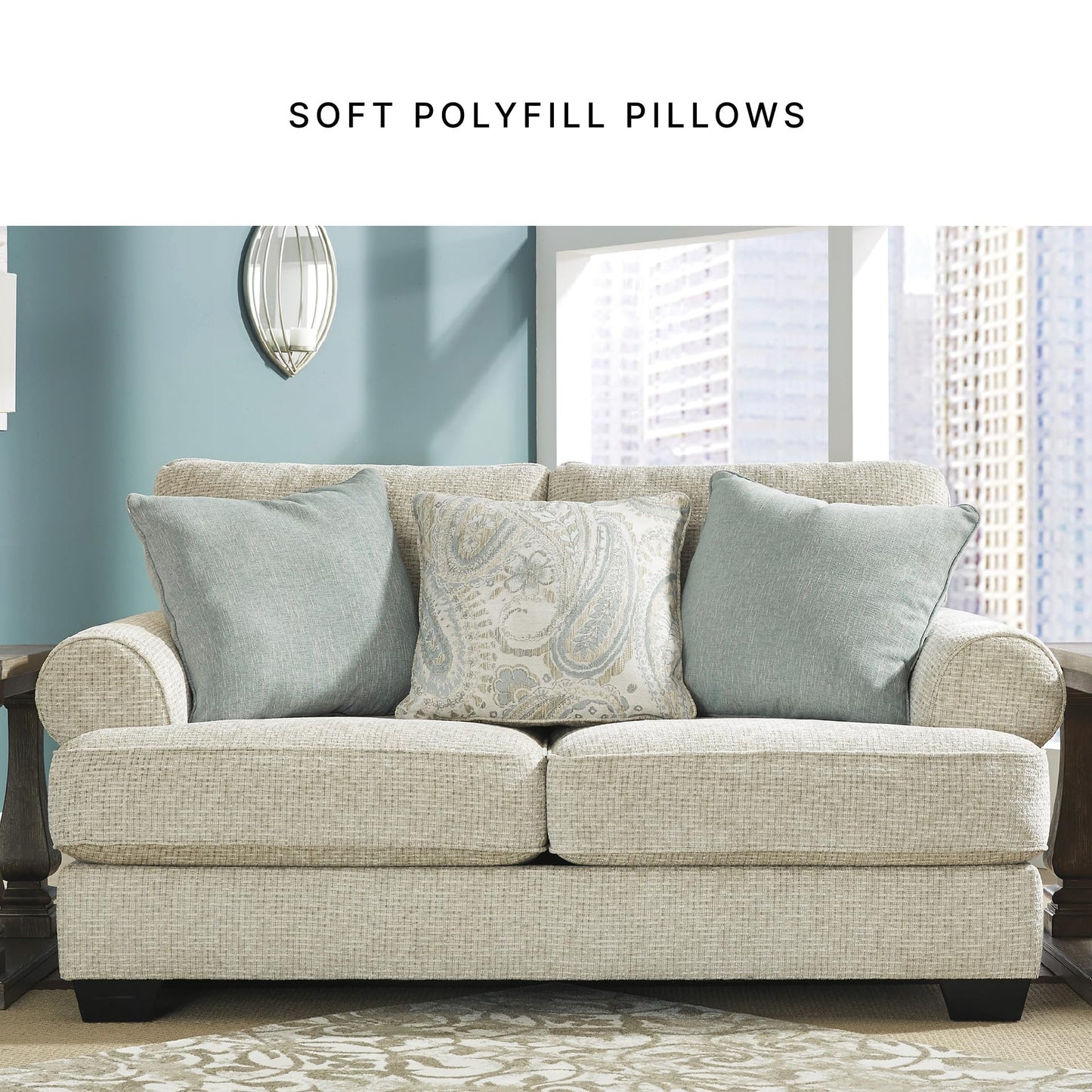 Signature Design by Ashley Monaghan Vintage Loveseat with Accent Pillows, Reversible Cushions and Rolled Arms, Beige