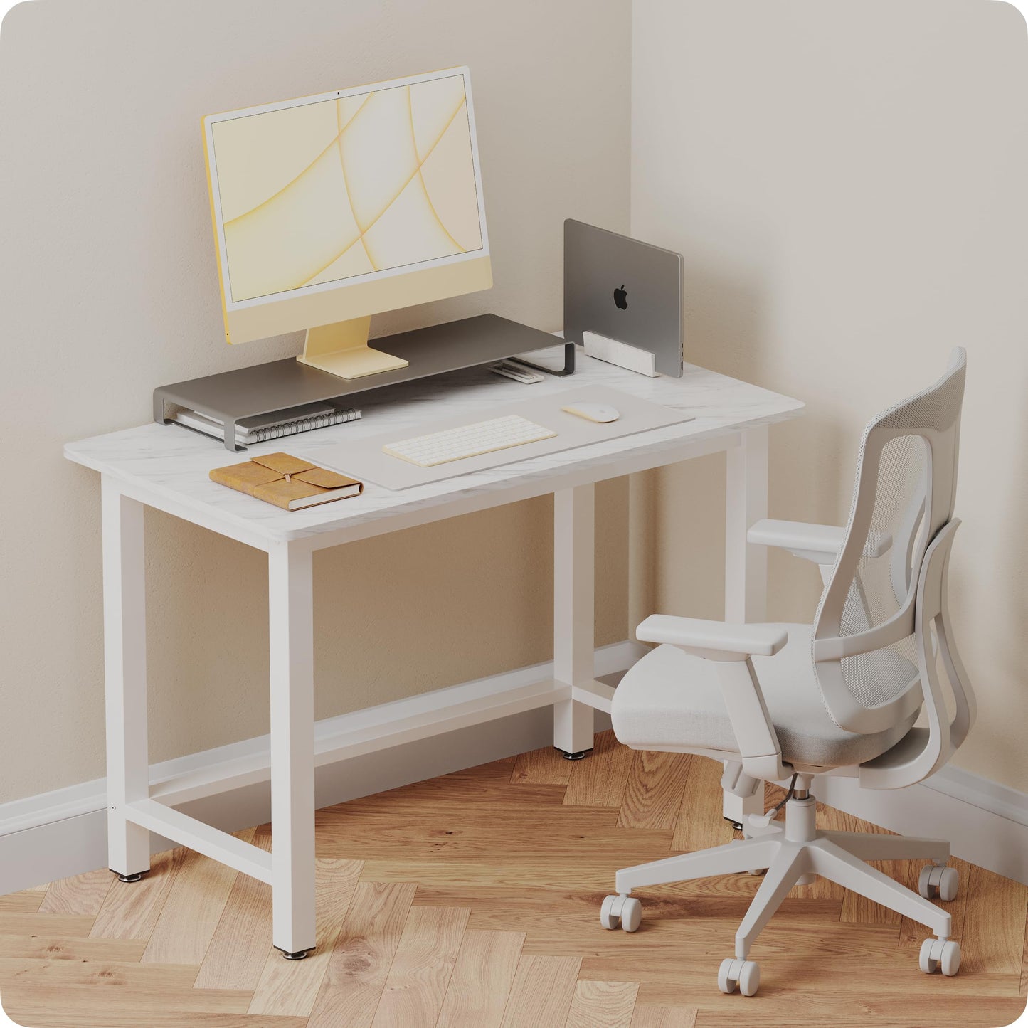 Fday 43" Home Office Desk Modern Computer Desk 43.3x23.6x29.5 inches PC Table with Thicken Frame Industrial Style Sturdy Metal Frame Furniture for Writing Gaming Marble White+White