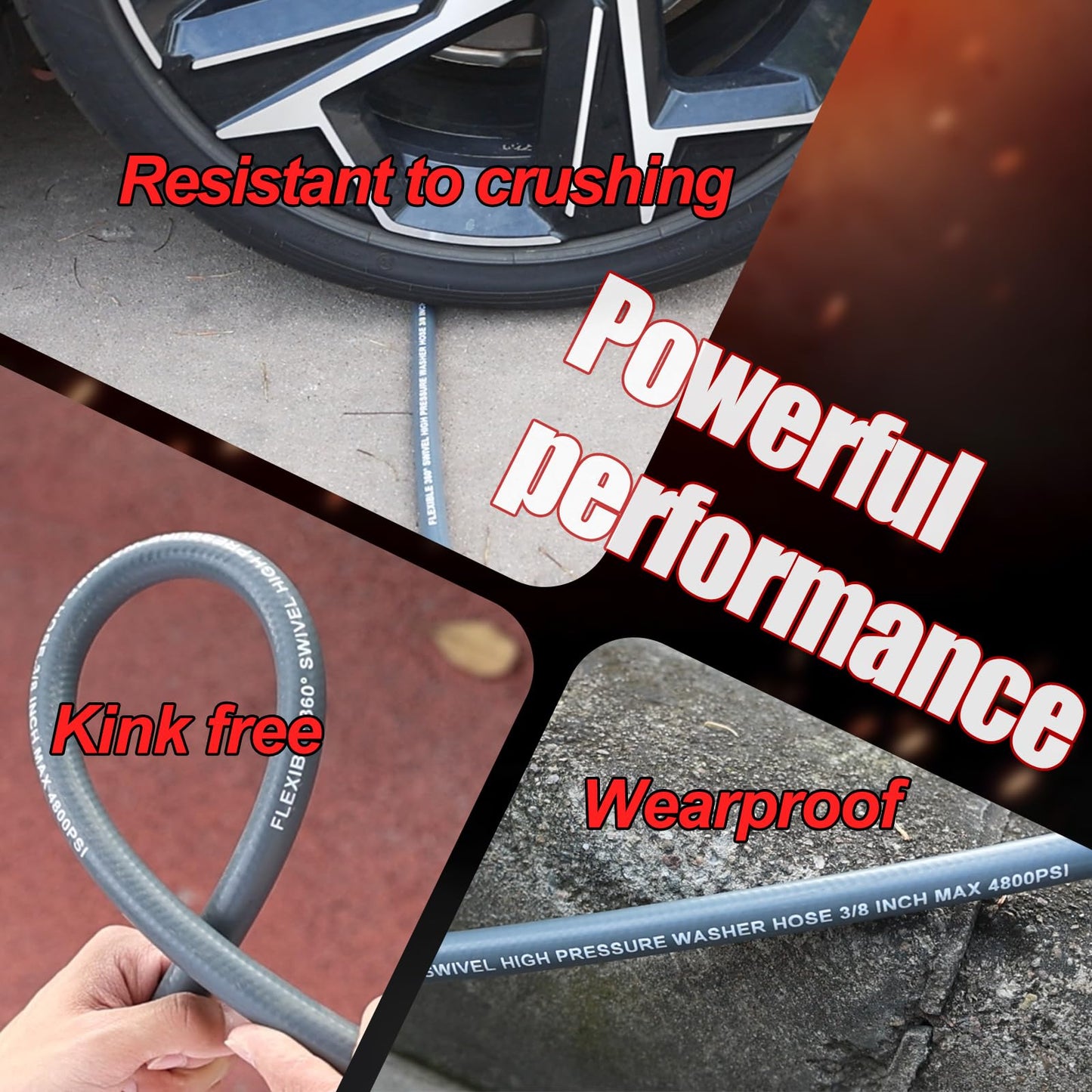VIVIDWASH Kink-Resistant 3/8" Pressure Washer Hose 4800PSI(100FT),Steel Wire Braided Wear Resistant Rubber for Commercial, Industrial and Residential Use,Hot&Cold Water Hose with 3/8" Quick Connect