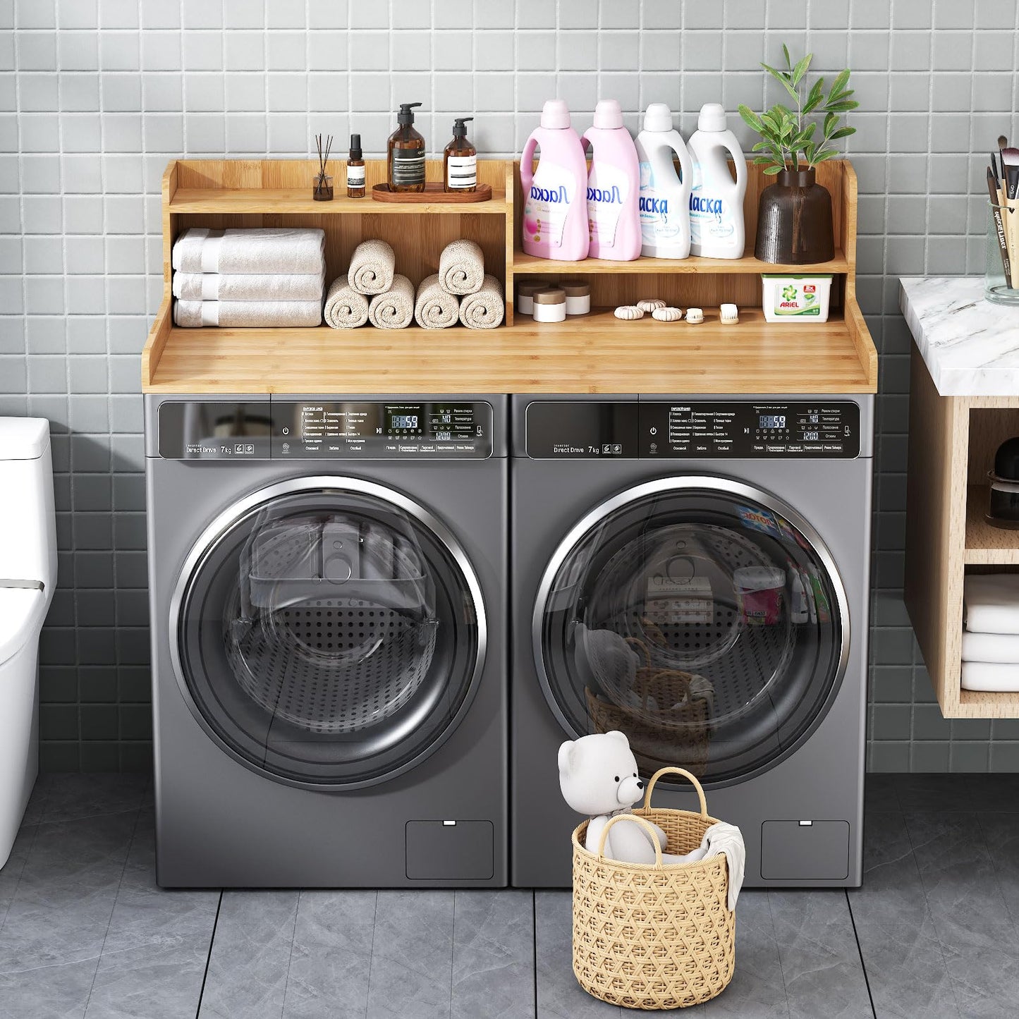 Wisuce Essentials 2-Tier Washer and Dryer Countertop w 54" W x 27.5" D Laundry Countertop Cover with Non-Slip Pad,Large Space Laundry Topper for Folding Clothes Over Washer and Dryer-White (Nature)