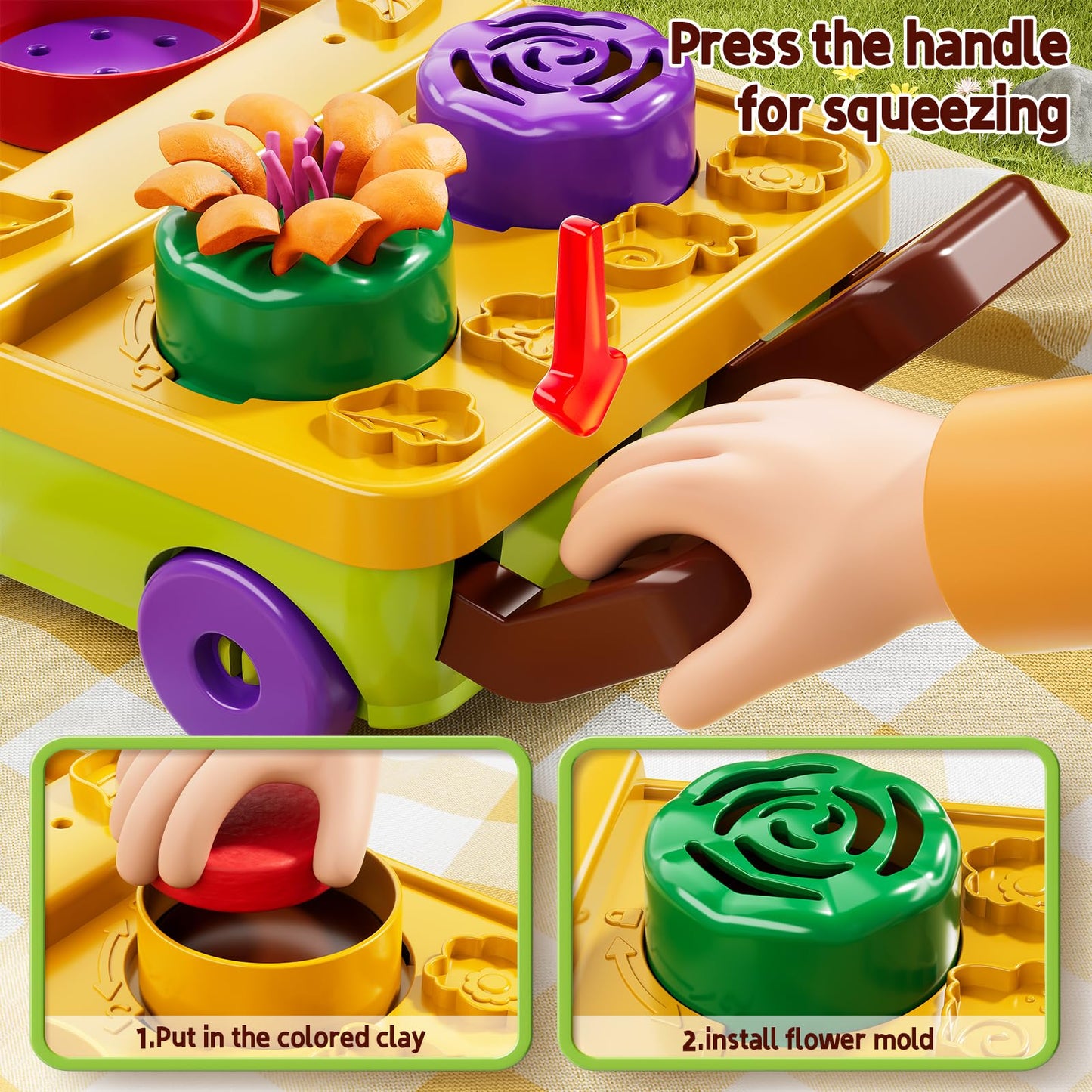 JUKUDAHU 50PCS Play Clay Set Blooming Flower Garden Toy Playset for Kids 3-5, DIY Nature Kits, Pretend Kitchen Toys Accessories with Cart, Toy Dishes, Gifts for Girls Boys Toddlers Ages 3 4 5 6 7 8 9