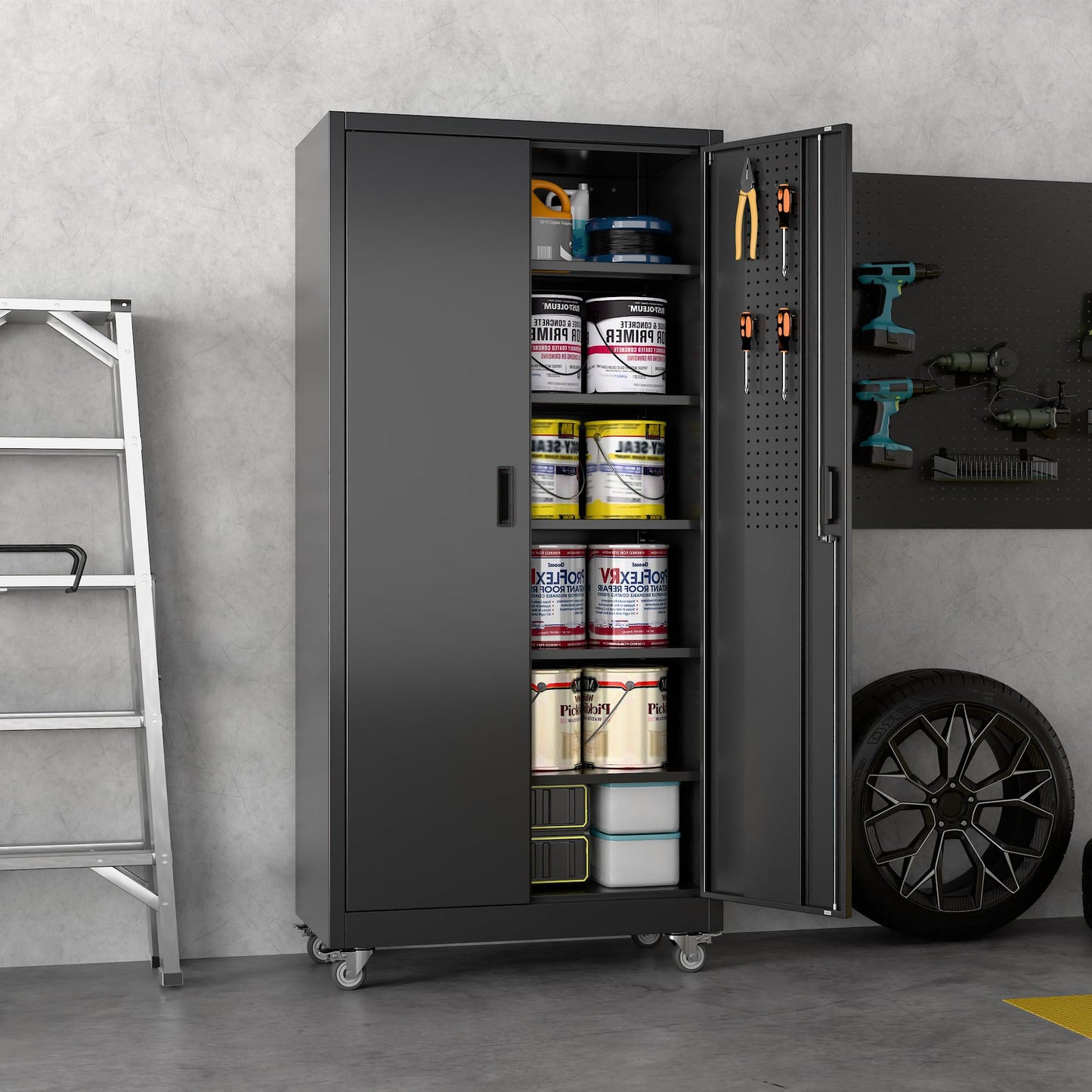 GangMei Metal Storage Cabinet with 5 Adjustable Shelves and Pegboard, 71" H×32" W×16" D Lockable Garage Storage Cabinet with Wheels for Garage, Home, Warehouse, Black, Assembly Required