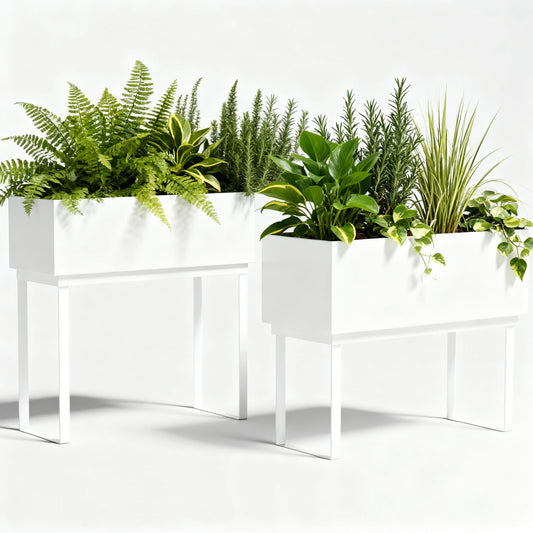 Worth Set of 2 Raised Metal Planter Box with Legs, Large & Small Galvanized Steel Elevated Garden Beds with Drainage Hole & Plug for Vegetables, Flowers & Herbs, Indoor & Outdoor Use - Glossy White