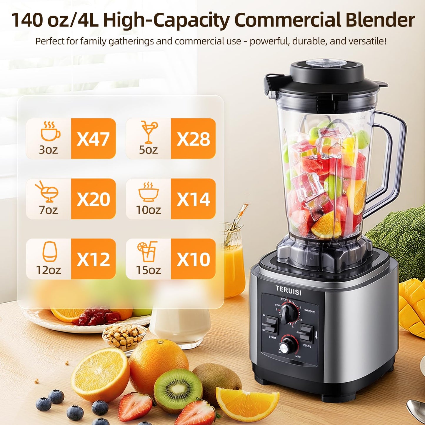 TERUISI 140 Oz / 4 L Commercial Blender, Professional Large Blender with Adjustable Speed & Timer Functions, 2200W High Powered Blenders with 23000RPM for Kitchen Shakes, Smoothies, Peree, Crush Ice