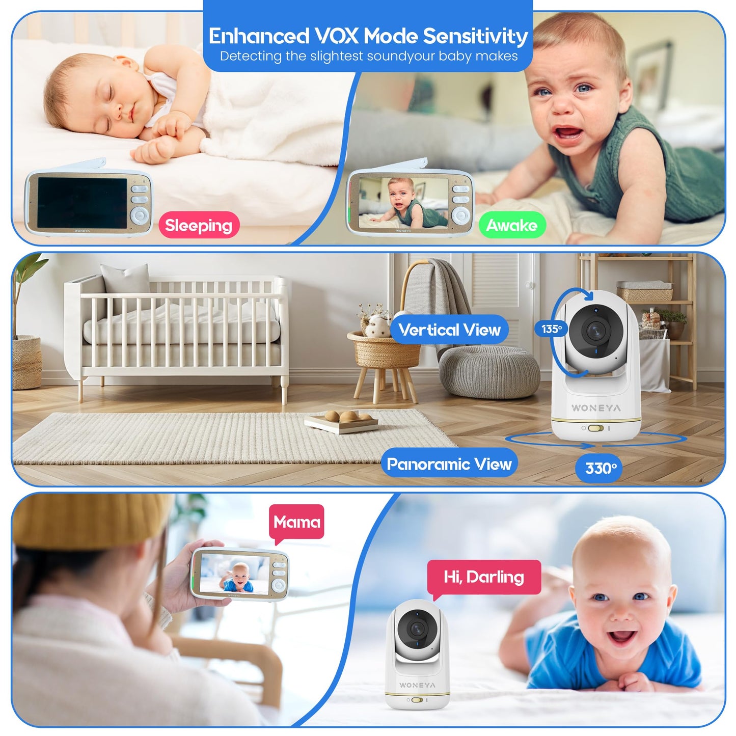 WONEYA Smart Baby Monitor, 5" HD IPS Screen, 1500ft Long Range, 48 Hours Battery, White Noises & Lullabies, 2K HD Camera, Customizable Safe Zones, Motion Detection, VOX, Free Secure Phone App