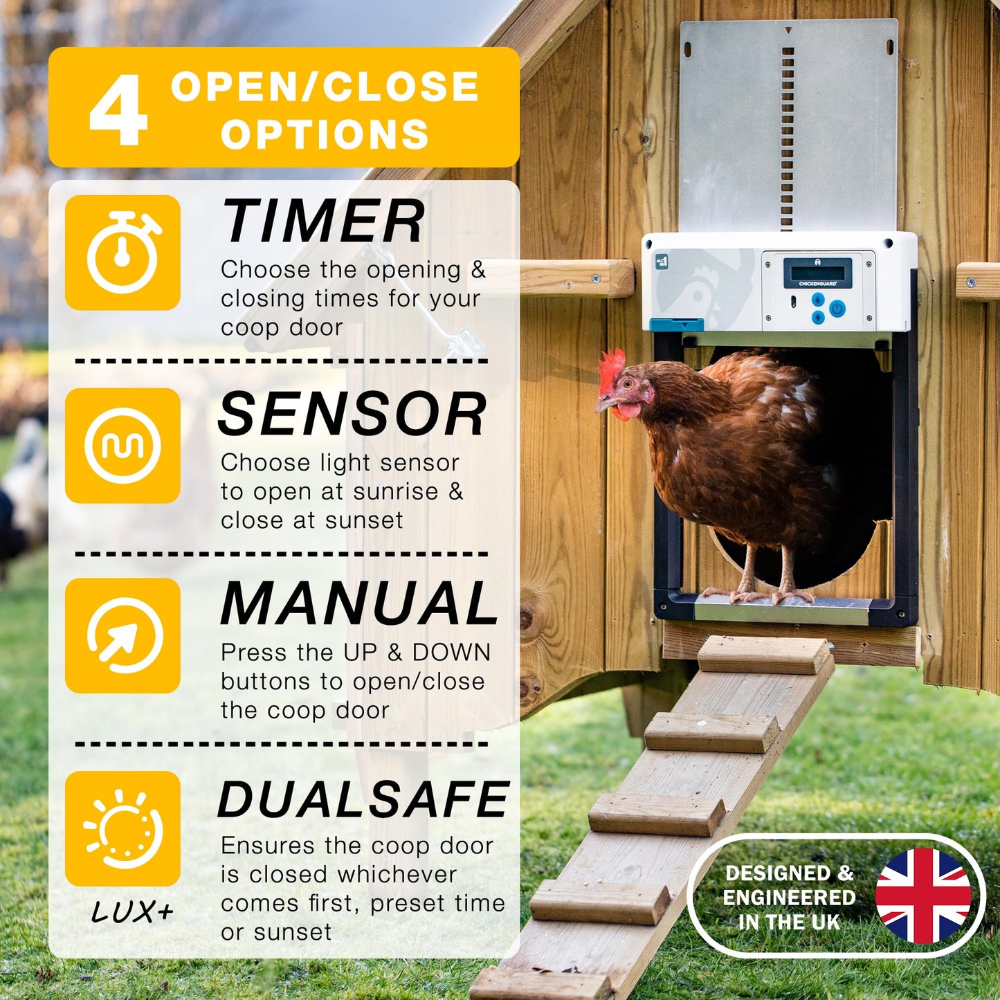 Automatic Chicken Coop Door Opener, ChickenGuard One in All 4 Colours, Timer/Light Sensing, Winter Mode, Auto-Stop & Predator Proof, 3 Power Options, Solar, Battery or Electric (Green + Batteries)