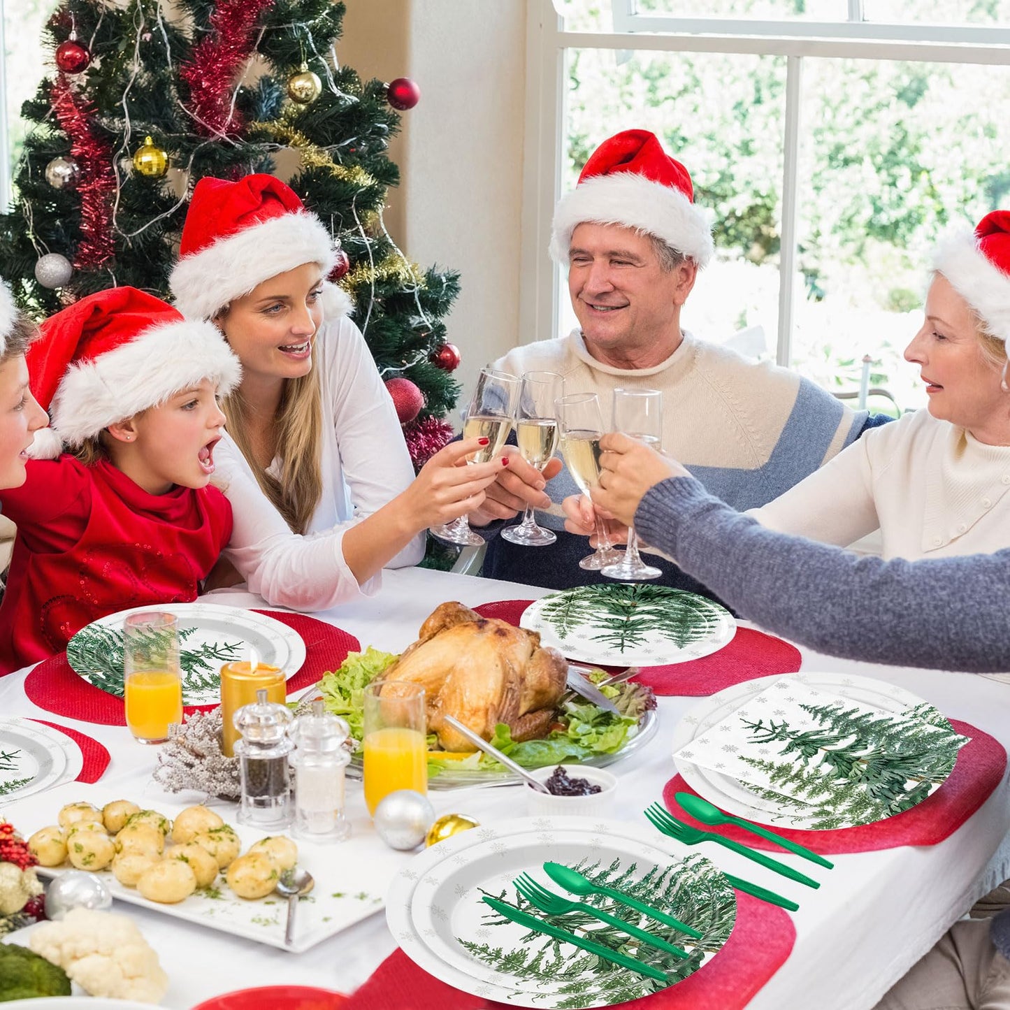 JarThenaAMCS 175Pcs Christmas Tree Party Supplies Kit Green Cedar Tableware Set Xmas Winter Disposable Dinnerware Paper Napkin Plate Cup Plastic Fork Knives Spoon for 25 Guests Party Favor