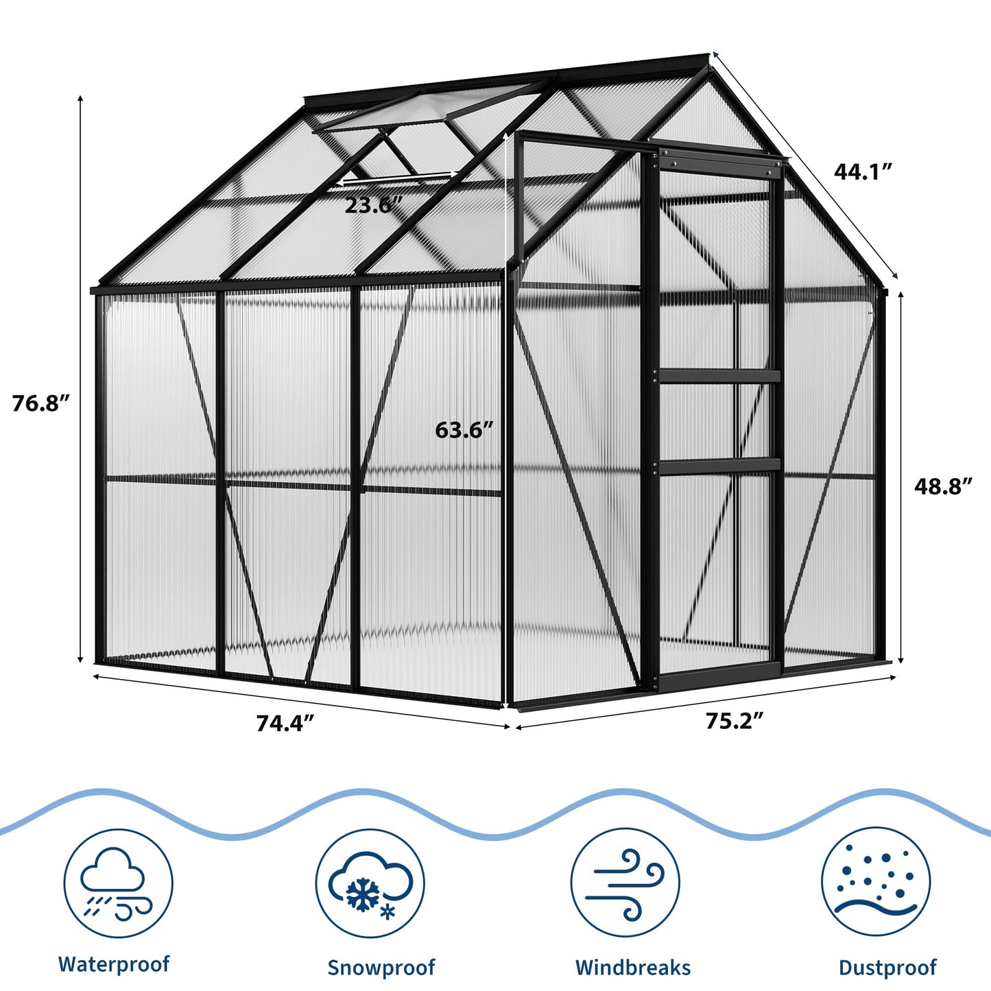 Garvee 6 x 6 FT Outdoor Greenhouse, Polycarbonate Greenhouses with Aluminum Frame, Sliding Door, Adjustable Roof Vent for Backyard, Green Houses for Outside Garden Backyard, Patio, Black
