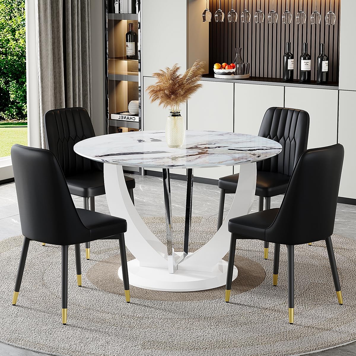 JUFU Round Dining Table Set for 4, 47" White Dinner Table Set for 4 with Marble Pattern Tabletop and PU Upholstered Black-007 Chairs, Modern 4 Chair Dining Table Set for Dinning Room, Living Room