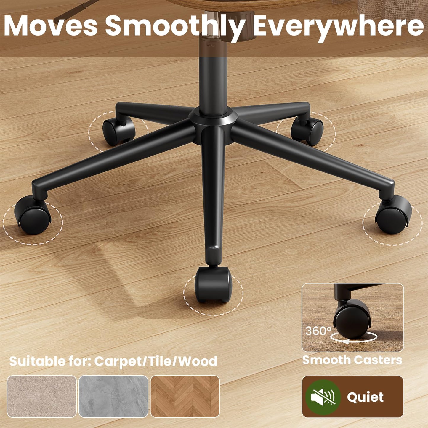 YaFiti Armless Office Chair, Mid Century Modern Desk Chair with Walnut Wood Back & SGS Level 3 Gas Lift, Swivel PU Leather Computer Chair for Small Space, Home Office, Bedroom, 300lbs Cap, Black
