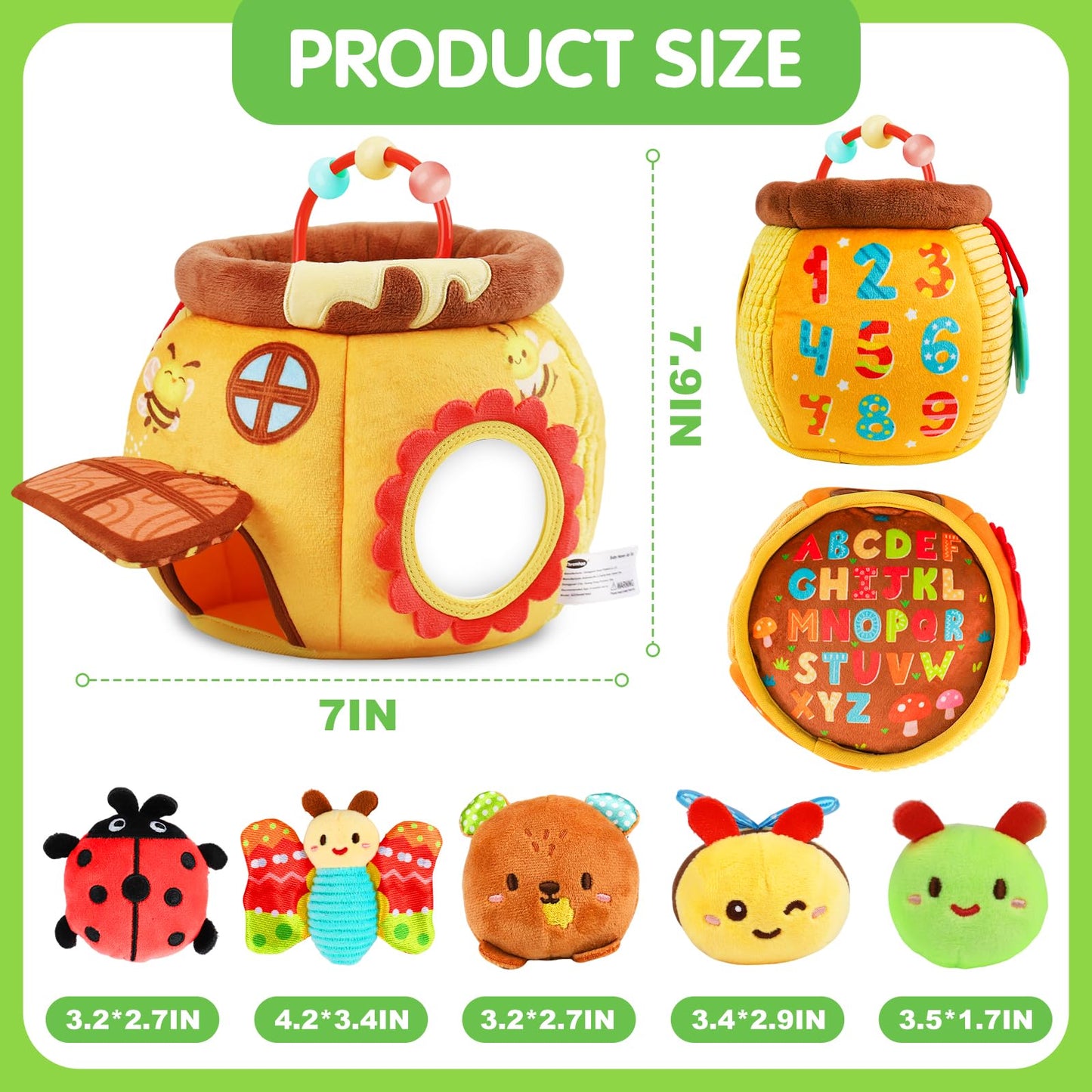 Thremhoo Baby Toys 6-12 Months - Soft Beehive with 5 Stuffed Animals, Rattle, Crinkle, Mirror, Montessori Sensory Toys for Babies 6 7 8 9 10 Months Old Baby Boy Girl Shower Gifts Ages 0-2