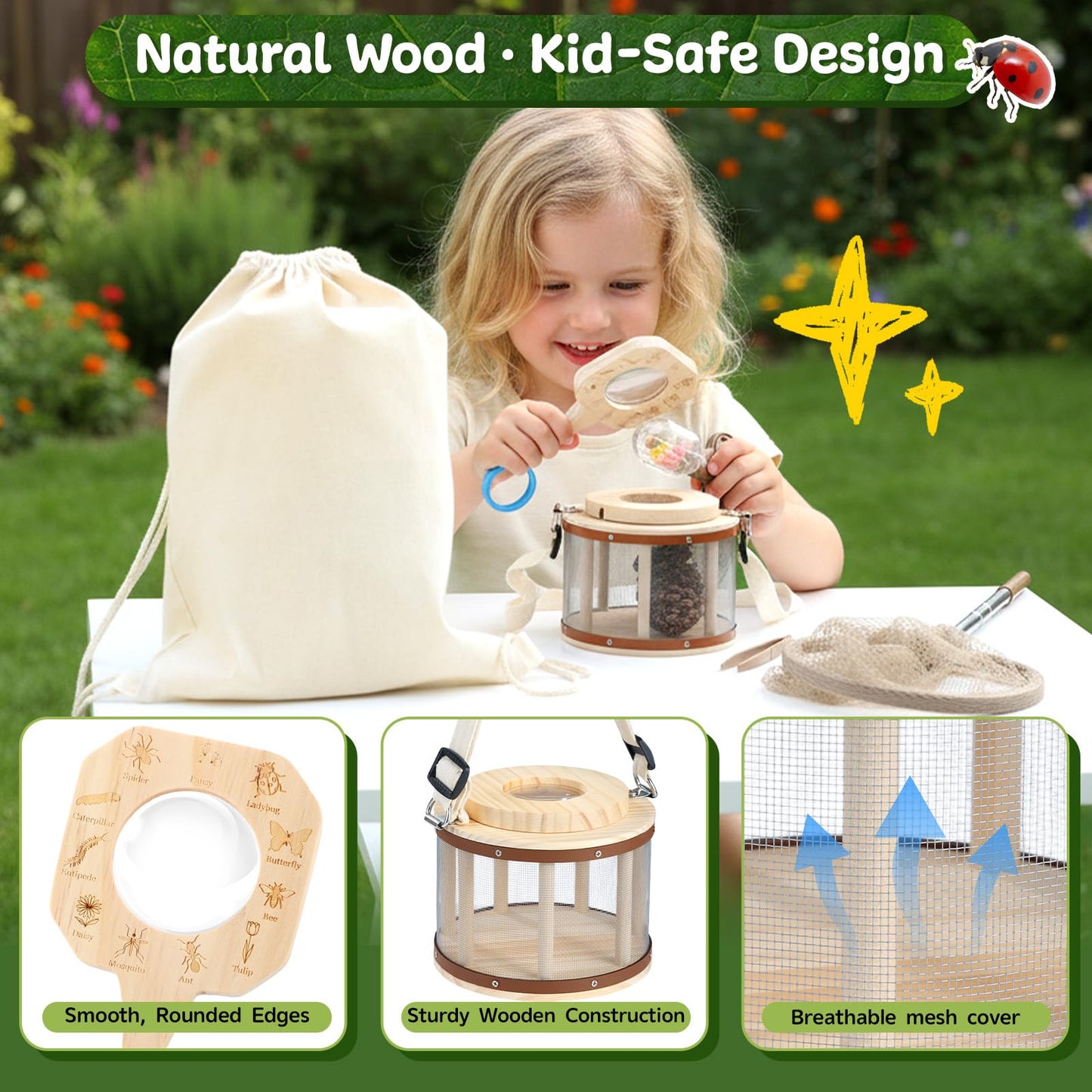 GAGAKU Kids Bug Catching Kit with Backpack - 8 in 1 Outdoor Explorer Set with Net, Wooden Box & Magnifying Glass, STEM Science Educational Toys Gifts for Boys Girls Ages 4-12