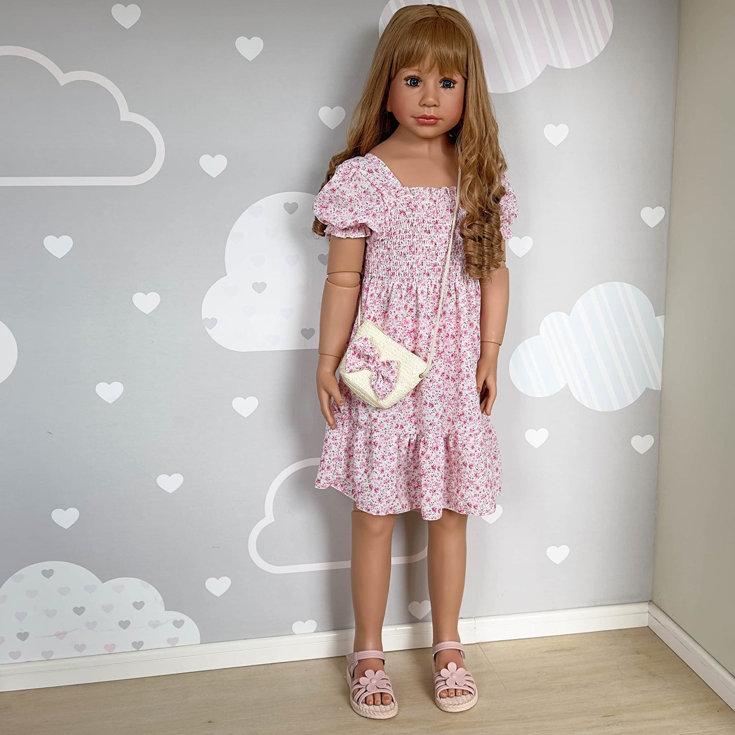 Pinky Reborn 47inch 120cm Reborn Toddler Doll,Huge Baby Full Body Hard Vinyl Smile Girls Real Child Realistic Newborn Toddler Dolls Girl Dress Model Brown Hair Girl Collectible Floral Dress (Pink)
