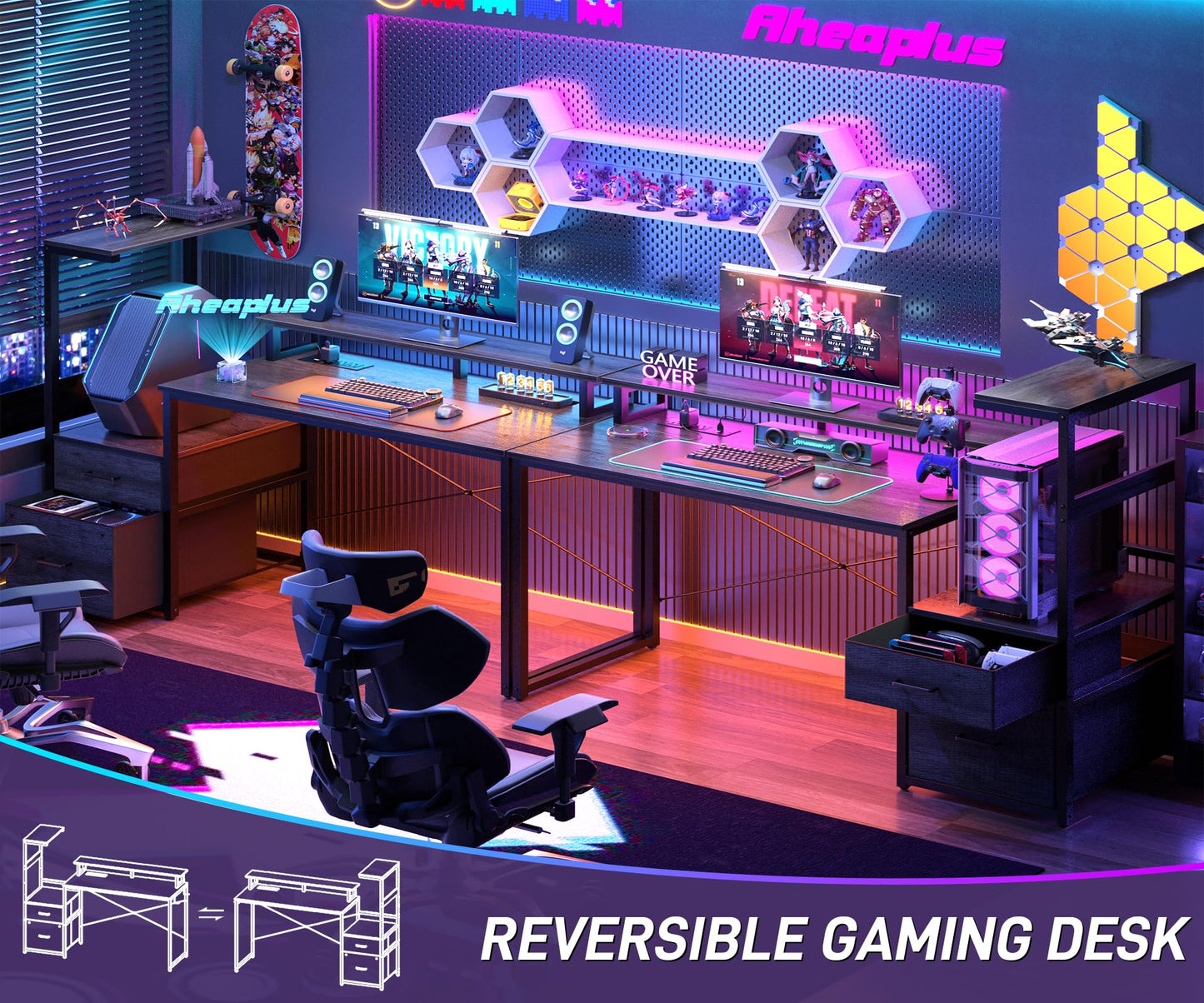 Aheaplus Gaming Desk with LED Strip & Power Outlet, 59Inch Reversible Computer Desk with Monitor Stand & Storage Shelves, Home Office Desks with Fabric File Drawer, Gamer Table PC Desk, Black Oak