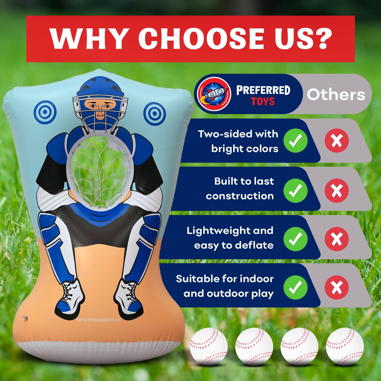 Preferred Toys Inflatable Baseball Pitching Target for Kids 3 and Above - Double-Sided Throwing Toss Game with 4 Soft Balls - Indoor Outdoor Baseball Toys Training Equipment - Red/Blue