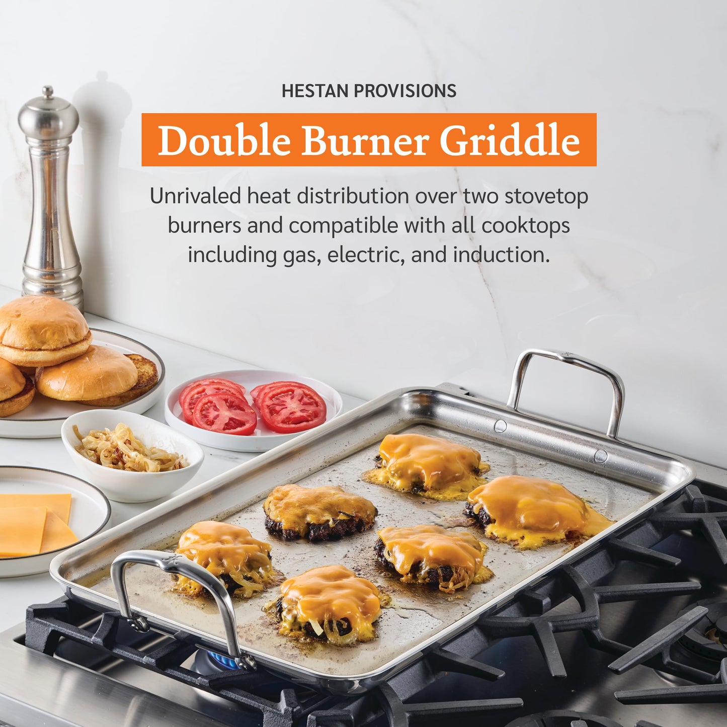 Hestan Provisions Tri-Ply Stainless Steel Double Burner Griddle, 21x13-Inch, with Drip Drain, Induction Compatible