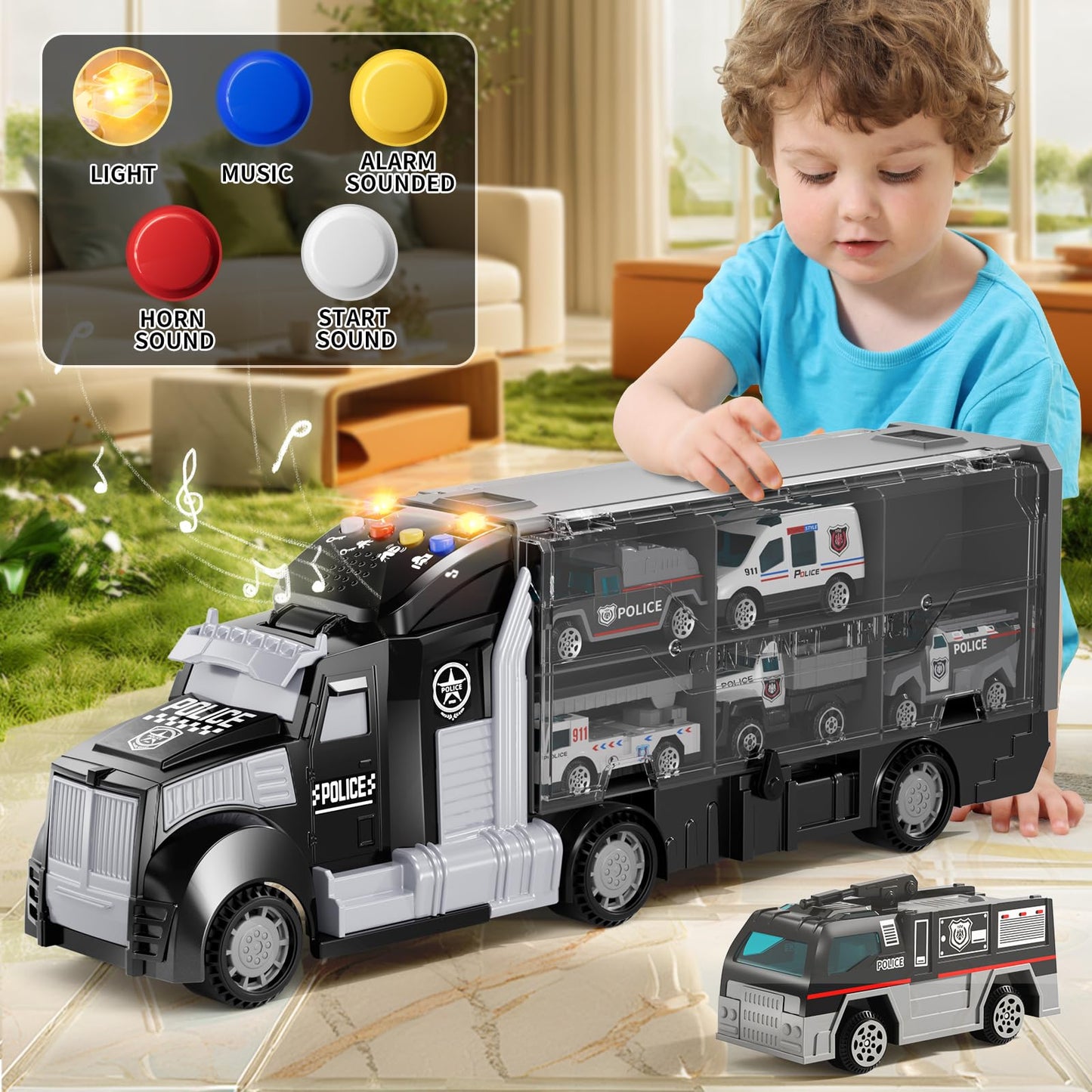 NIPLOOOW Police Trucks Toy Set with Play Mat, Carrier Truck Play Vehicles Set for 3 4 5 6 Years Old Boys Kids, Die-Cast Car Toy for Toddlers 3-4 Years, Birthday Gifts Toys for 3-9 Year Old Boys