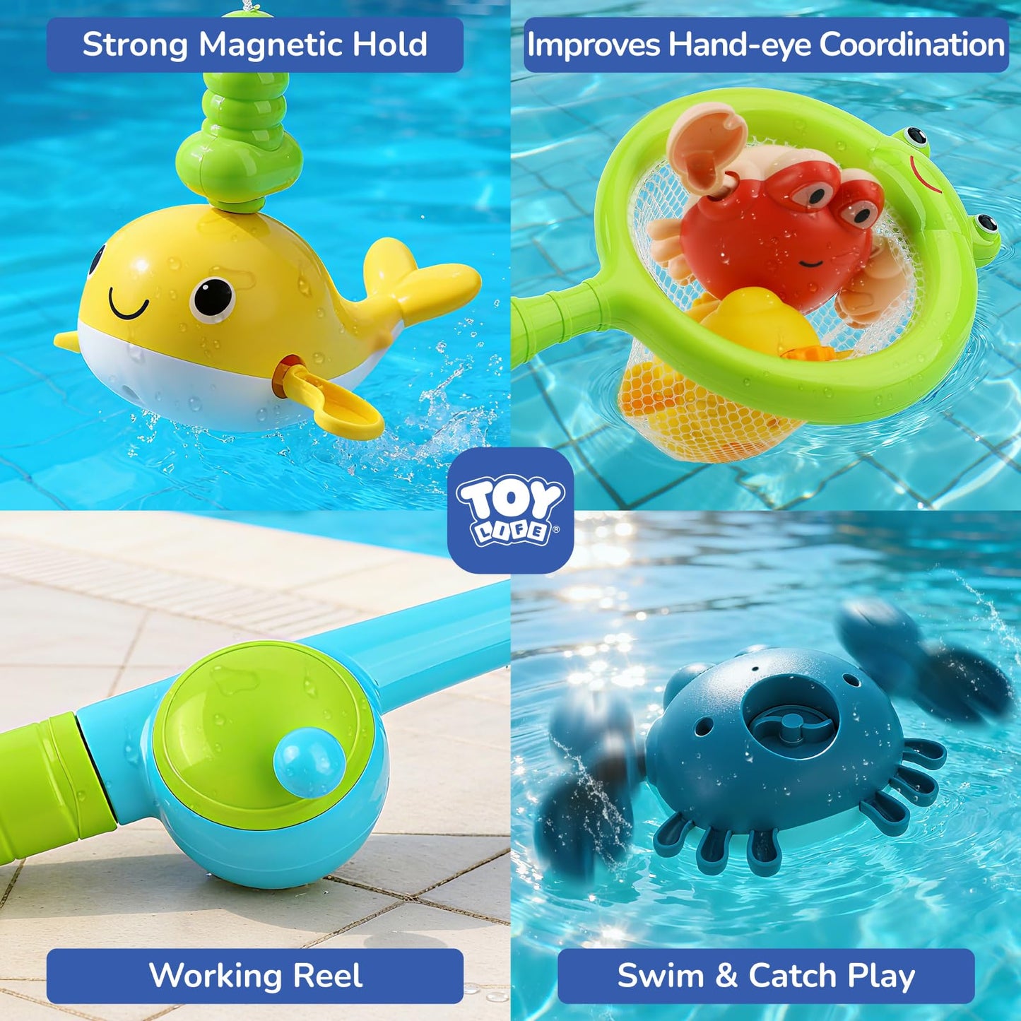 TOY Life Bath Toys for Kids Ages 1-3, Magnetic Fishing Game with Mold Free Wind Up Bath Toys for Toddlers 1-3 & Toy Fishing Pole & Fishing Net, Water Table Pool Fun Bathtub Toys for Baby Infant