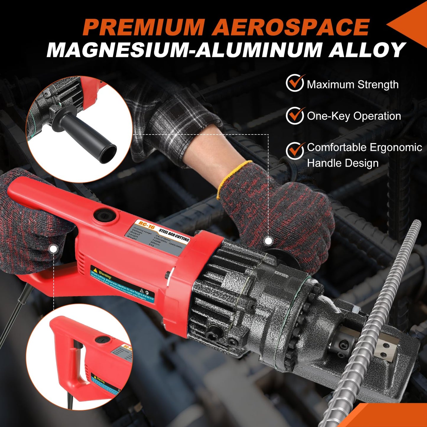 5/8 Inch Electric Hydraulic Rebar Cutter, 1100W Portable Handle Rebar Cutter, Cutting up to 4-16mm #5 Rebar within 1.5 Seconds, High Power Steel Rebar Cutter Accessories,RC-16 (Black + Red)