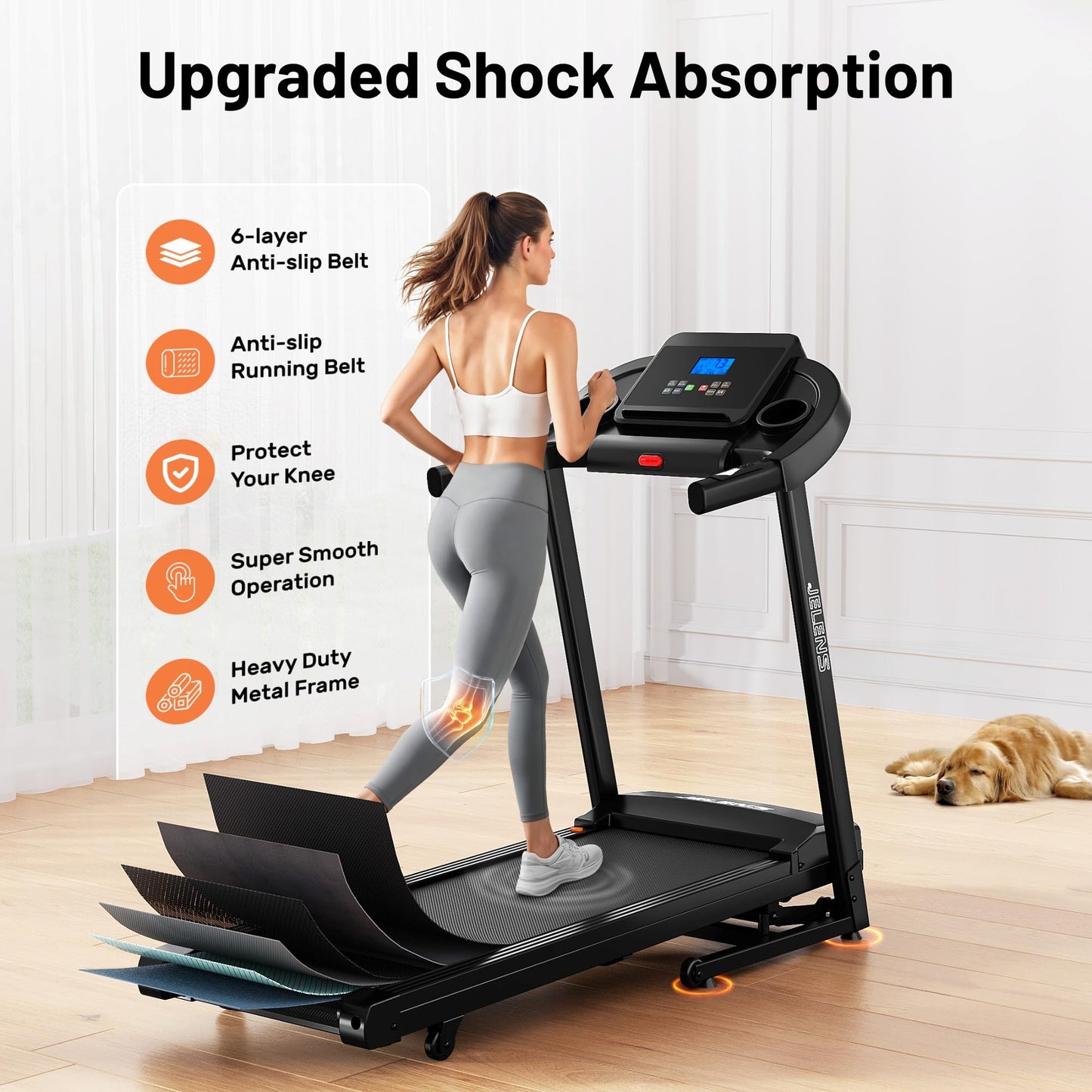 JELENS Treadmill for Home with 0-15% Auto Incline, Foldable Walking Pad Treadmill with 330LBS Weight Capacity and Pulse Sensors, 3.0HP Quiet Walking Pad with App and LCD Display (Black)