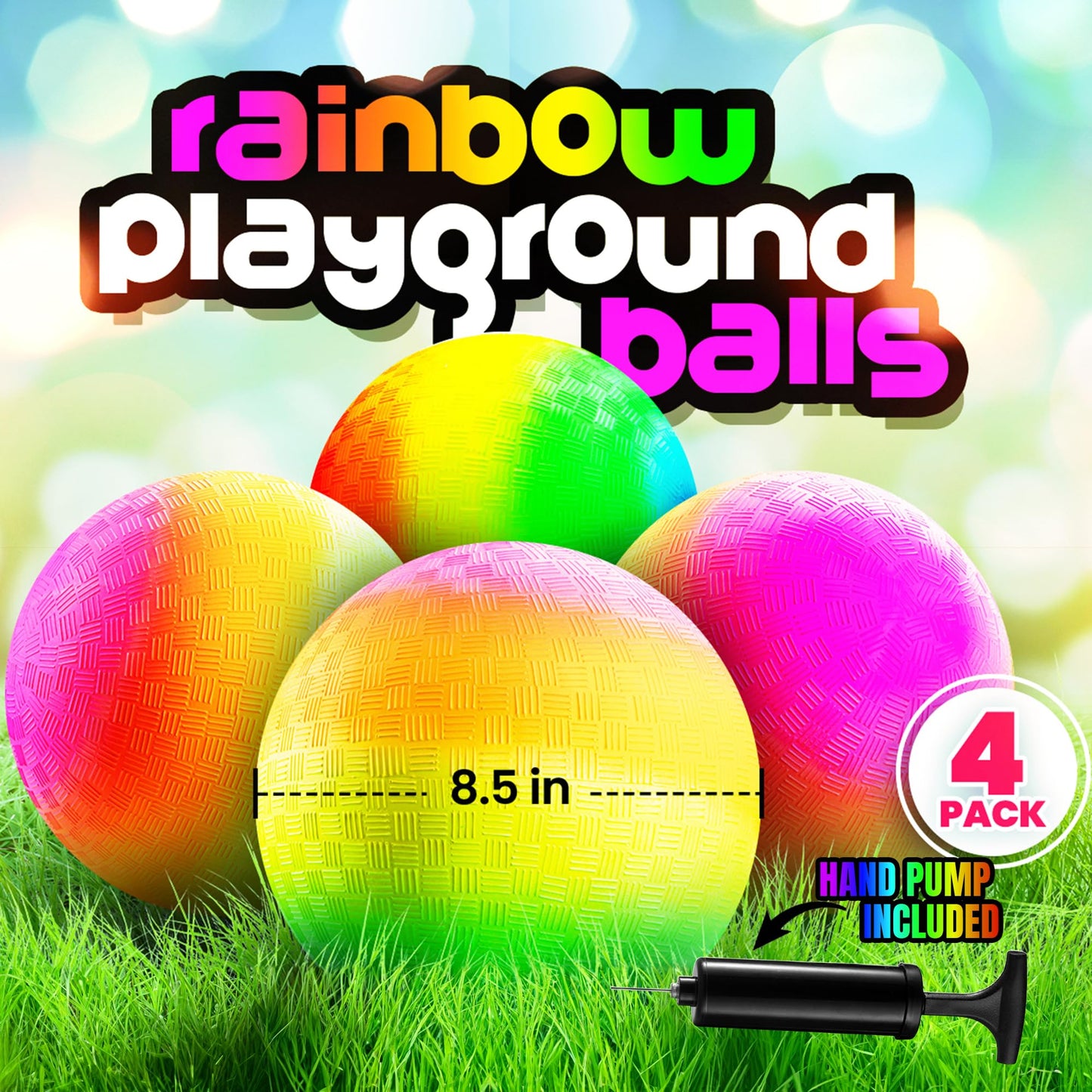 PlayBolt Rainbow Playground Balls - 8.5 Inch (Pack of 4) Rubber Bouncy Colorful Inflatable Balls for Kids and Adults, Indoor & Outdoor Games, Kickball, Dodgeball, Four Square, Dodge, Recess, Handball