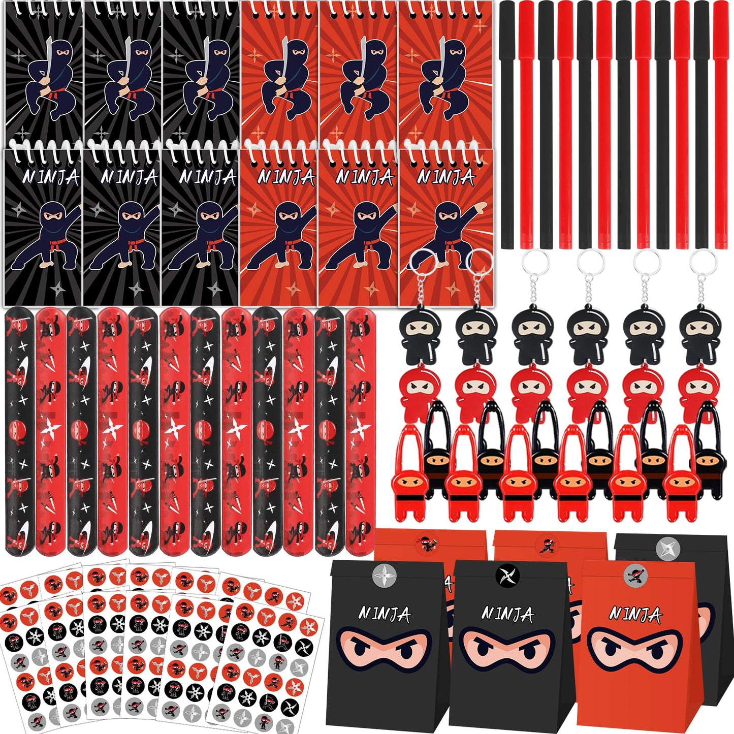 84pcs Karate Party Favor Set Red Black Karate Paper Bag Notepad Pen Slap Bracelets Key Chain TPR Stretchy Flying Toys Stickers Party Supplies for Boys Girls Birthday Classroom Activities Decorations