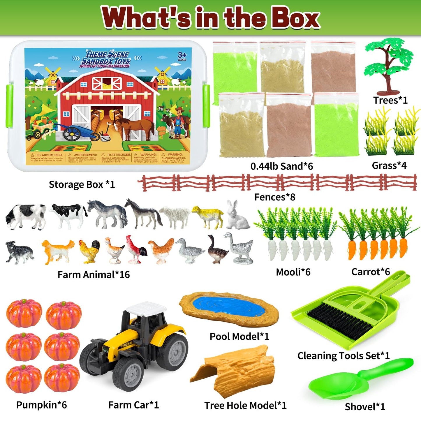 Bloolilies Sensory Bin, 59 Pcs Farm Sensory Sand Box Kits with Sandbox & Farm Animals & Tractor Playset, Play Sand Art Kit Magic Sand Toys for Boys Girls Toddlers Birthday Gift for Kids