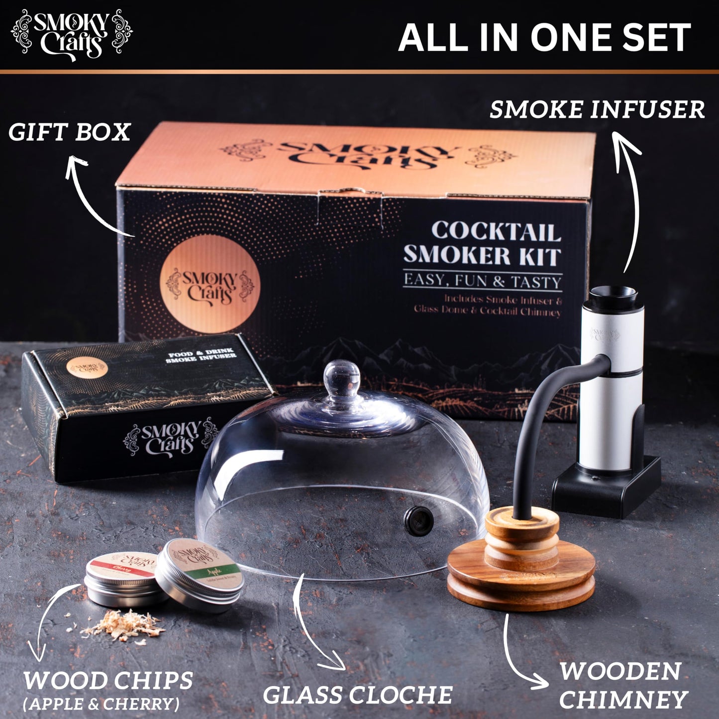 Smoky Crafts Food and Drink Smoker Kit with Smoke Gun, 8" Smoking Cloche Glass Dome, Acacia Cocktail Smoke Top and Wood Chips (Apple & Cherry) - Whiskey Smoker Kit - Gifts for Men
