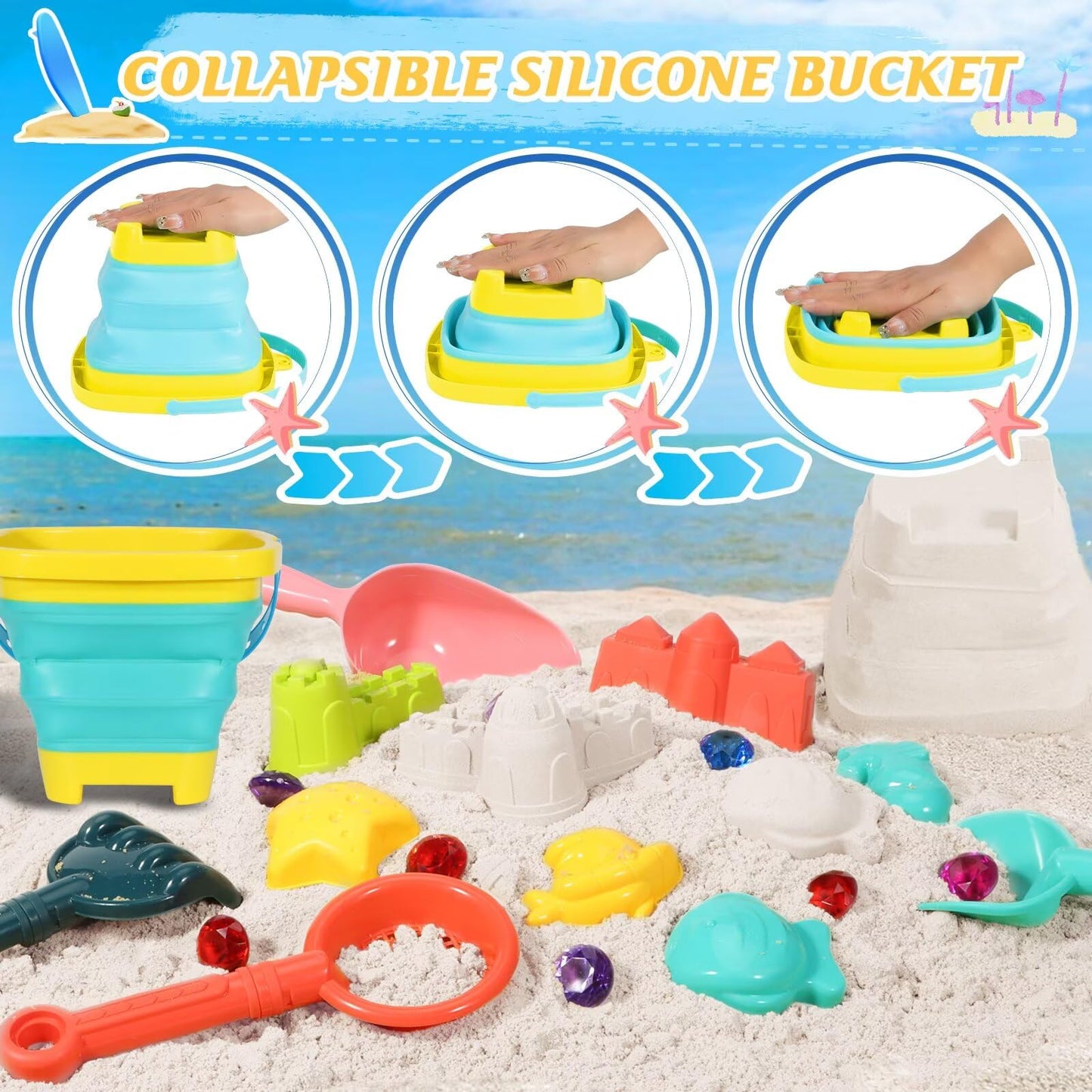 Beach Sand Toys for Kids,Sand toys with 2 Collapsible Beach Bucket,2 Beach Sifter Shovel,Sand Shovel Set,Sand Castle Kit,Sea Animal Molds,Diving Gem Pool Toy,Mesh Bag Travel Toys for Toddler 3-10