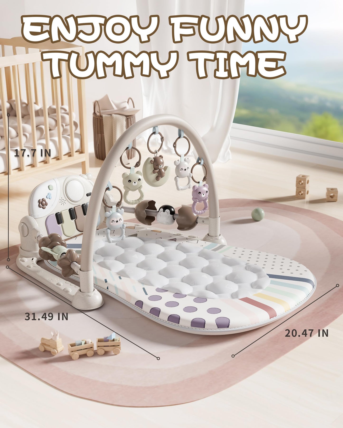 Jovow Baby Gym Play Mat with Detachable Musical Piano, Light Up Activity Center with 4 Rattles & Glowing Night Light, Educational Sensory Toys for Newborns 0-12 Months