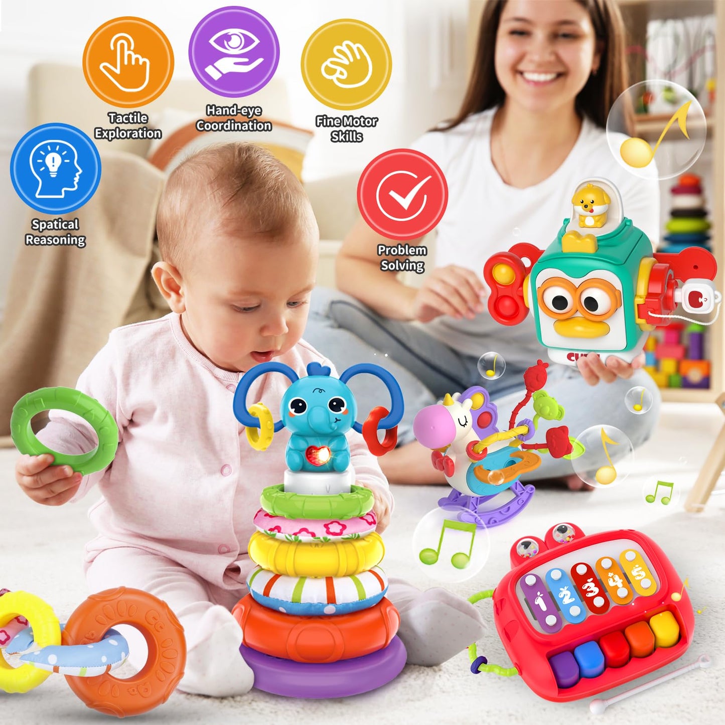usrela 4 in 1 Baby Toy for 6 9 12 18 Month, Learning Toys for Babies 6-12 Months, Baby Busy Cube, Stacking Sorter, Pull String & Piano Xylophone Travel Toy, Birthday Gift for 1 2 Year Old