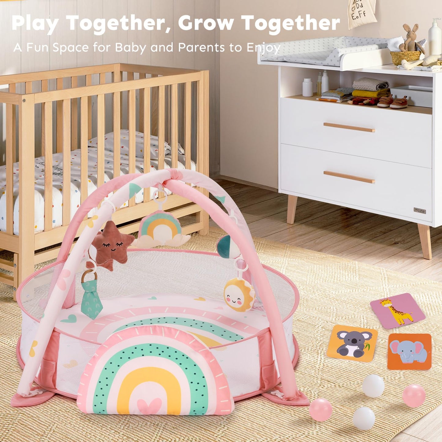 7-in-1 XL Large Baby Play Gym Mat, Tummy Time Mat, Baby Gym & Ball Pit, Baby Activity Mat with Milestone Cards & 6 Detachable Toys for Sensory Motor Skill, Rainbow