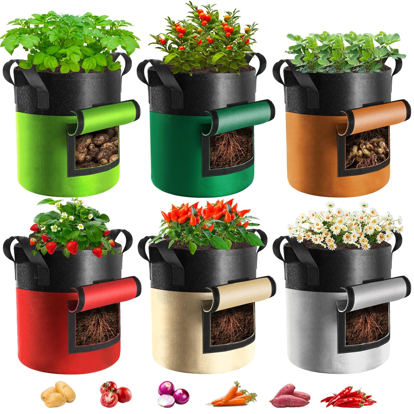 Xpatee 6 Pack Potato Grow Bags with Flap, 15 Gallon Grow Bags for Growing Potatoes, Colorful Durable Fabric Garden Planter Pots with Harvest Window for Tomatoes Vegetables Fruit Flowers Herbs