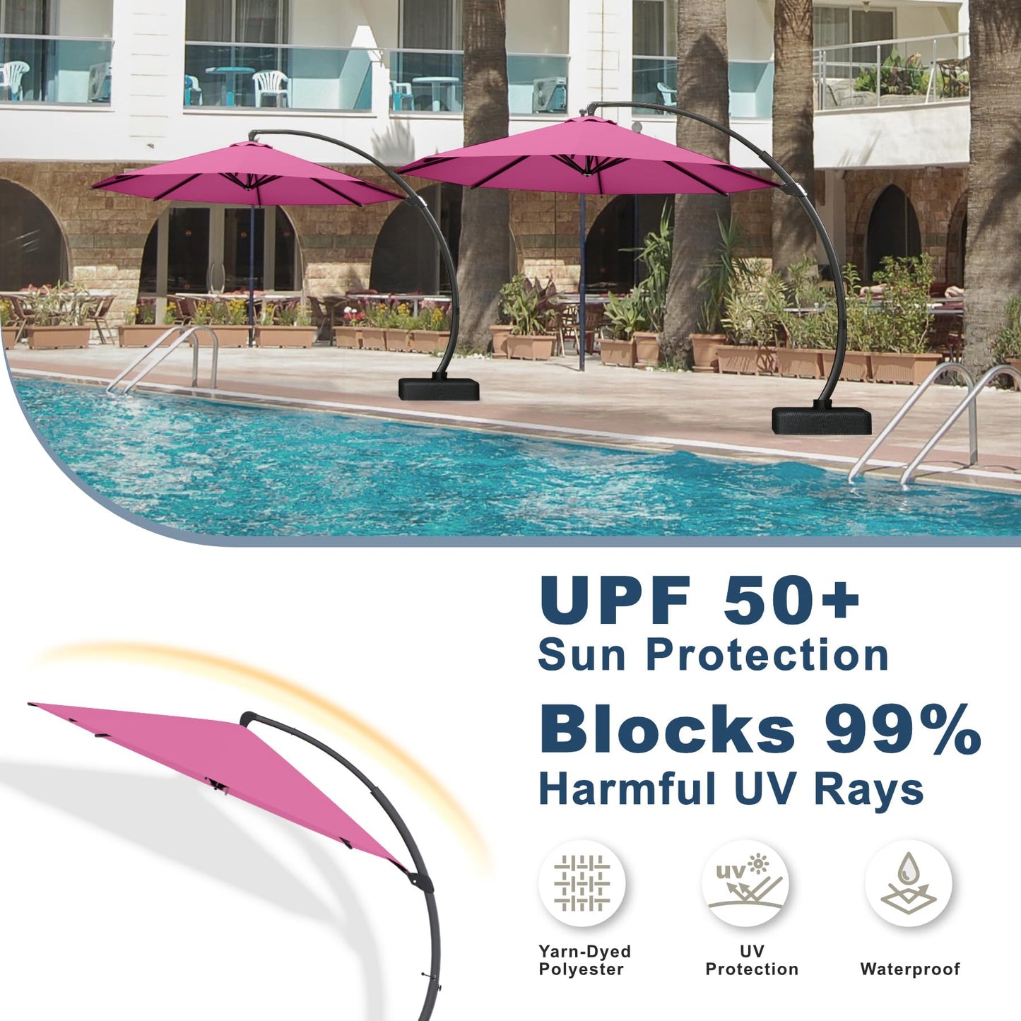 Patio Kingdom 11FT Cantilever Umbrella with Base Large Curvy Outdoor Aluminum Offset Umbrella w/ 360° Rotation, UV Resistant Canopy for Patio, Garden, Backyard, Rose Pink