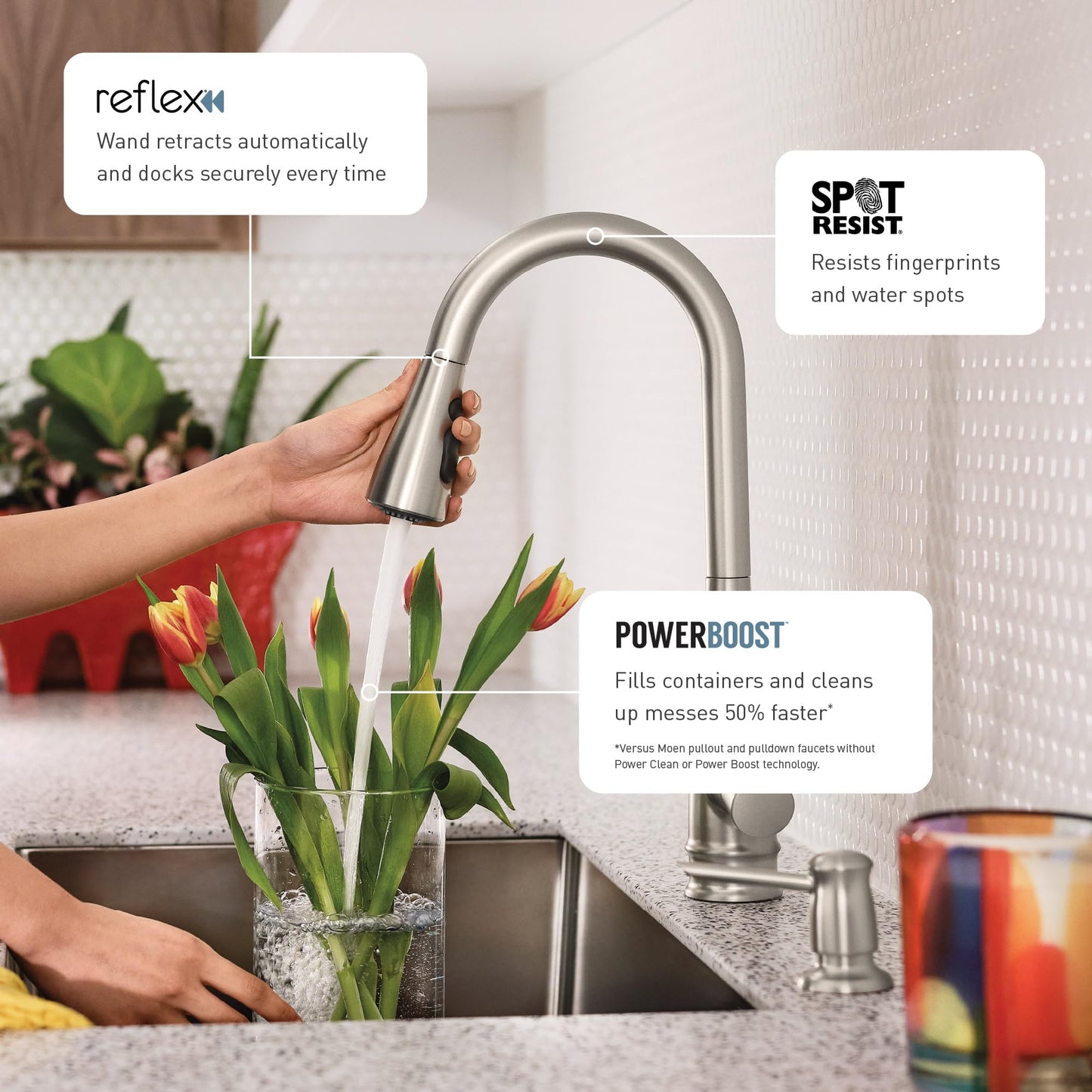 Moen Meena One Handle Kitchen Faucet with Pull Down Sprayer, High Arc Kitchen Sink Faucet Featuring Reflex System and Duralock Quick Connect, Spot Resist Stainless, 87270SRS
