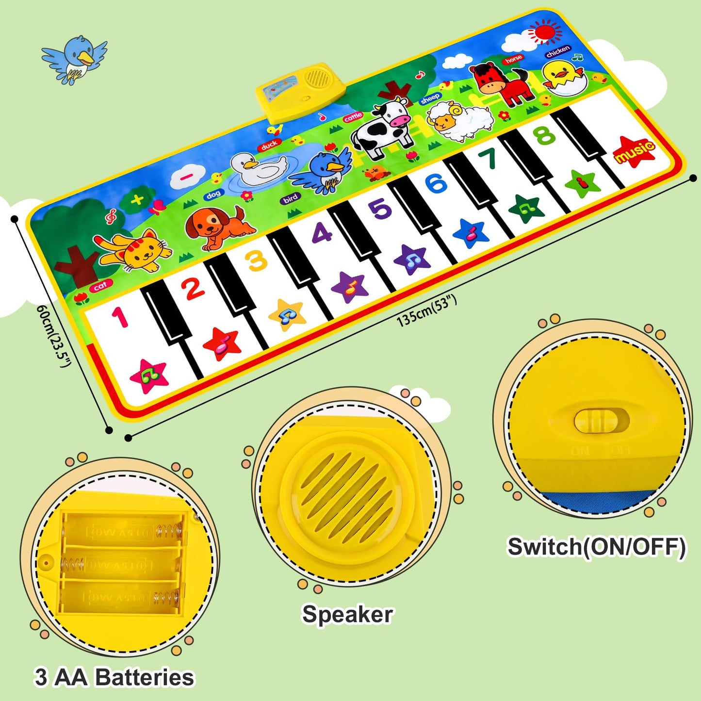Piano Mat - 53" x 23" Musical Mat 8 Animals Sounds Dance Mat for Kids Touch Play Dancing Mat Toy Gifts for 1 2 3 4 5 6 Year Old Girls Boys