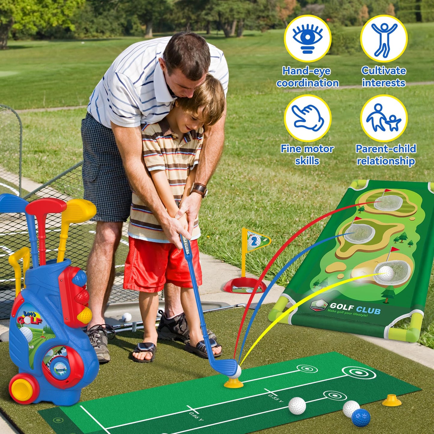 Liberry Toddler Golf Set for 2 3 4 5 Years Old Boys Girls, Upgraded Kids Golf Cart with Golf Cornhole Board & Putting Mat, Indoor and Outdoor Golf Toys Birthday Gifts