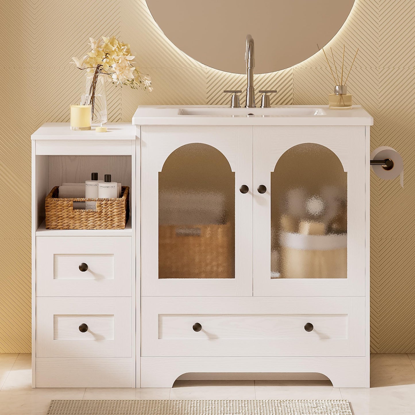 IRONCK 42 Inch Bathroom Vanity with Sink Set, Bathroom Cabinet Vanity with 2 Visual Buffer Gate, Pedestal Sink Storage Cabinet with 3 Drawers, Open Cubby, Swap Sides Design, White