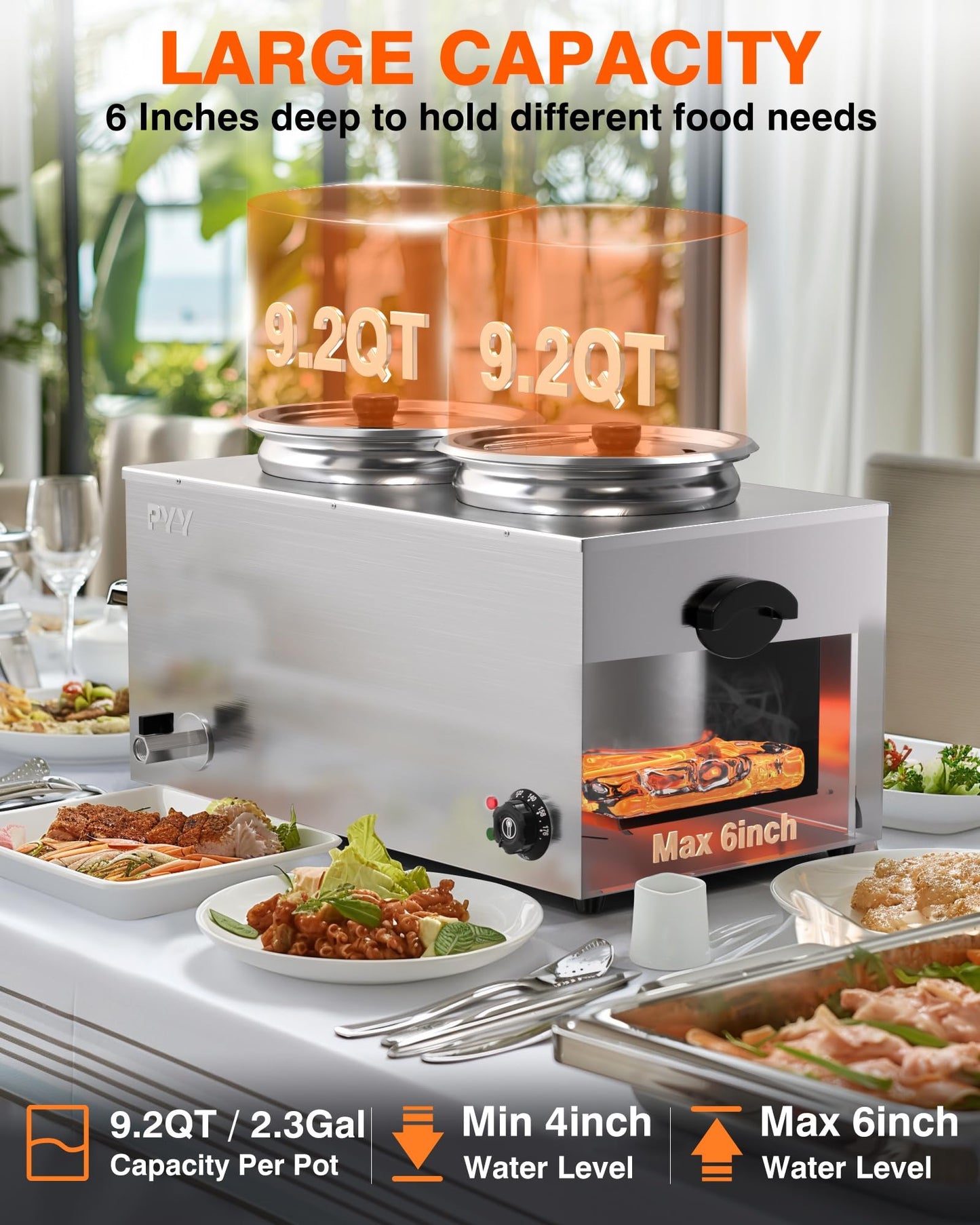 PYY Soup Warmer Commercial - Two 9.2QT Stainless Steel Bain Marie Round Pot 86~185°F Adjustable Temp, 1500W Electric Soup Warmer Countertop with Anti-Dry Burn and Reset Button for Restaurant, Buffet