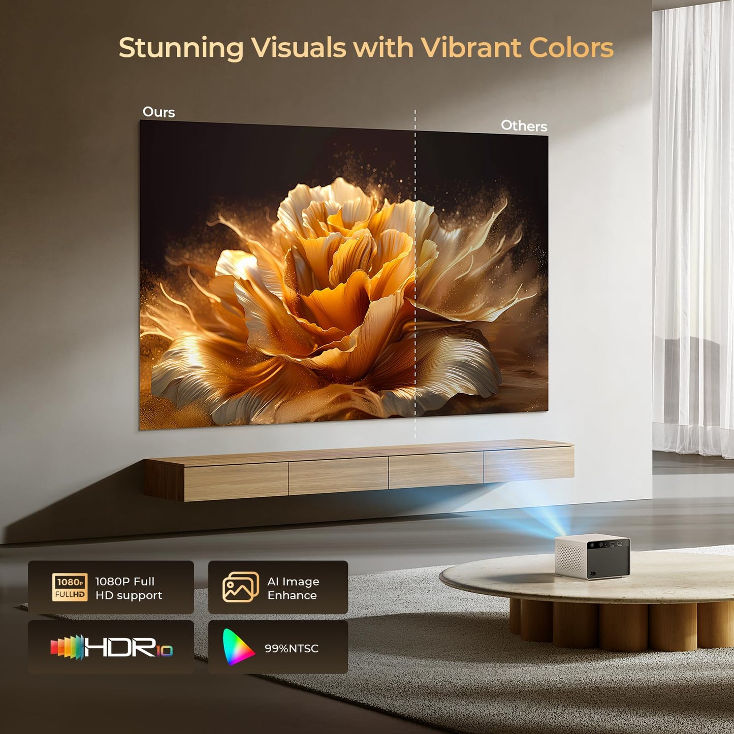 [850ANSI/Built in Apps] Portable Mini Projector with WiFi and Bluetooth, Kogata Outdoor Movie Proyector, Electric Focus/4P Keystone/HDR10, 1080P HD Projector for Bedroom Home Theater