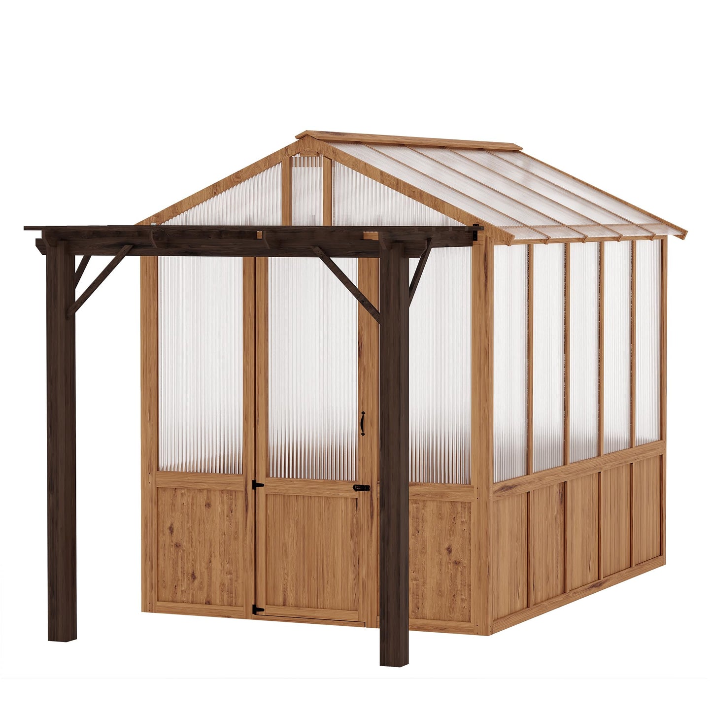 8X13ft Greenhouse Kit with Pergola, Wooden Walk-in Green House with Cedar Frame, Greenhouse Kit with 6mm Thick Polycarbonate Panel