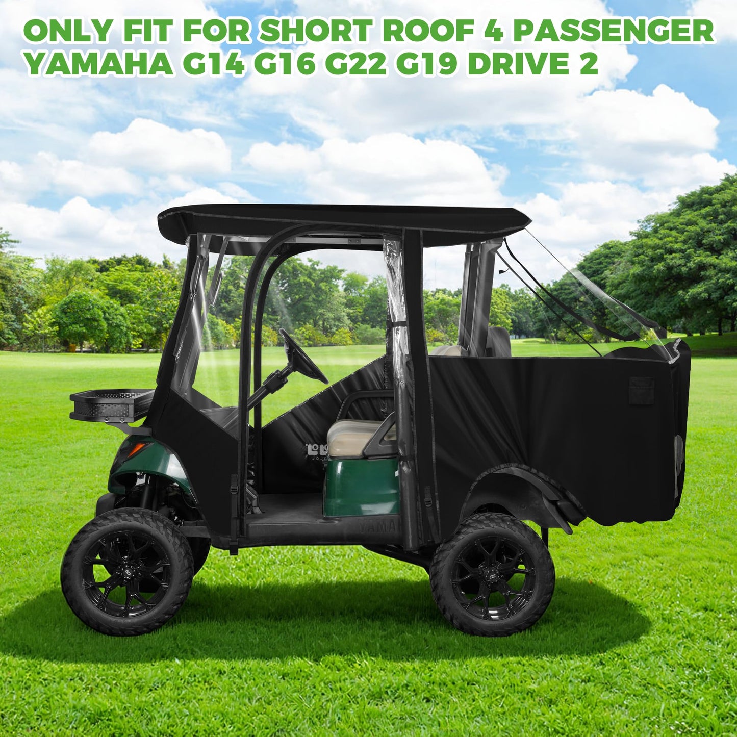10L0L Golf Cart Driving Enclosure 4 Passenger for Yamaha G14 G16 G22 G29 Drive2 with Heavy Duty Zipper,600D Golf Cart Rain Cover Driving Covers with Roll-up Windshield, 4-Sided Clear Window