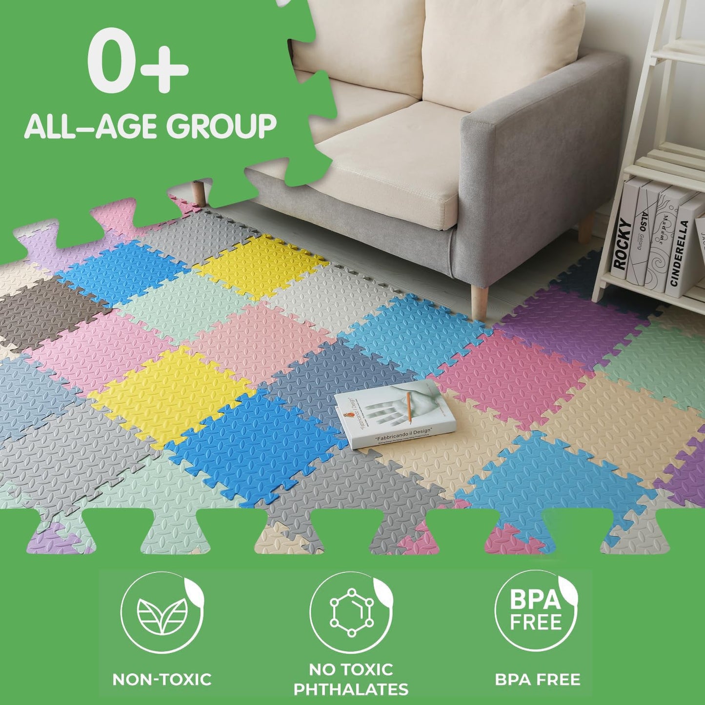 16 Tiles Foam Play Mat for Baby, Soft & Safe EVA Foam Mats for Floor, Square Baby Play Mat, Kids Foam Puzzle Floor Mat, 47x47 Play Mat for Playpen(Bean Green/Light Blue)