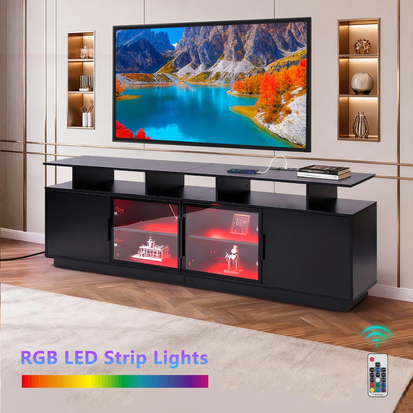 ansefe 70 Inch Black TV Stand with LED Lights, Power Strips, and USB Charging Station for Mobile Phones, Transparent Glass Door Storage Cabinet, Entertainment Center with Large Storage Space