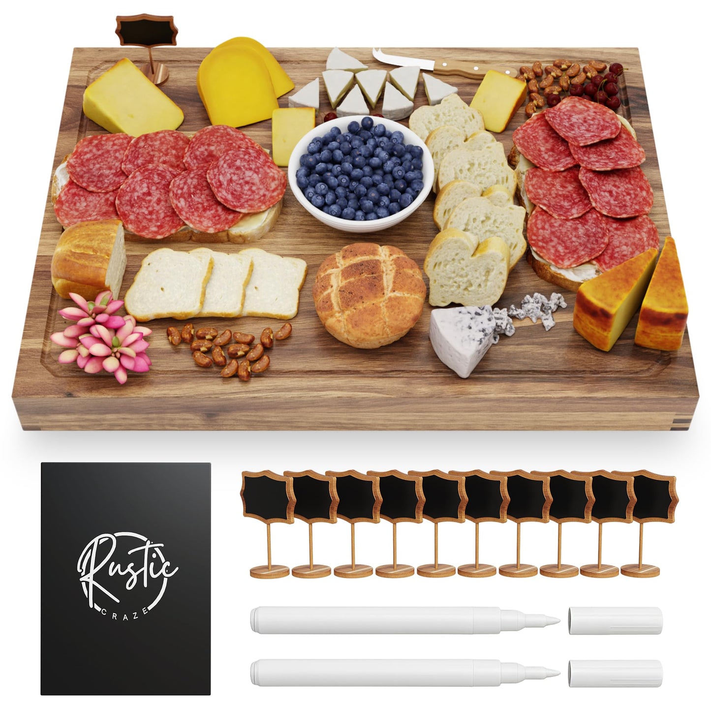 Rustic Craze 33"x 24" EXTRA LARGE Acacia Wood Cutting Board for Kitchen w/Juice Grooves, Tray Handles, Gift Box, Butcher Block, Serving & Charcuterie Tray, 10 Chalkboard Labels w/Chalk Pens