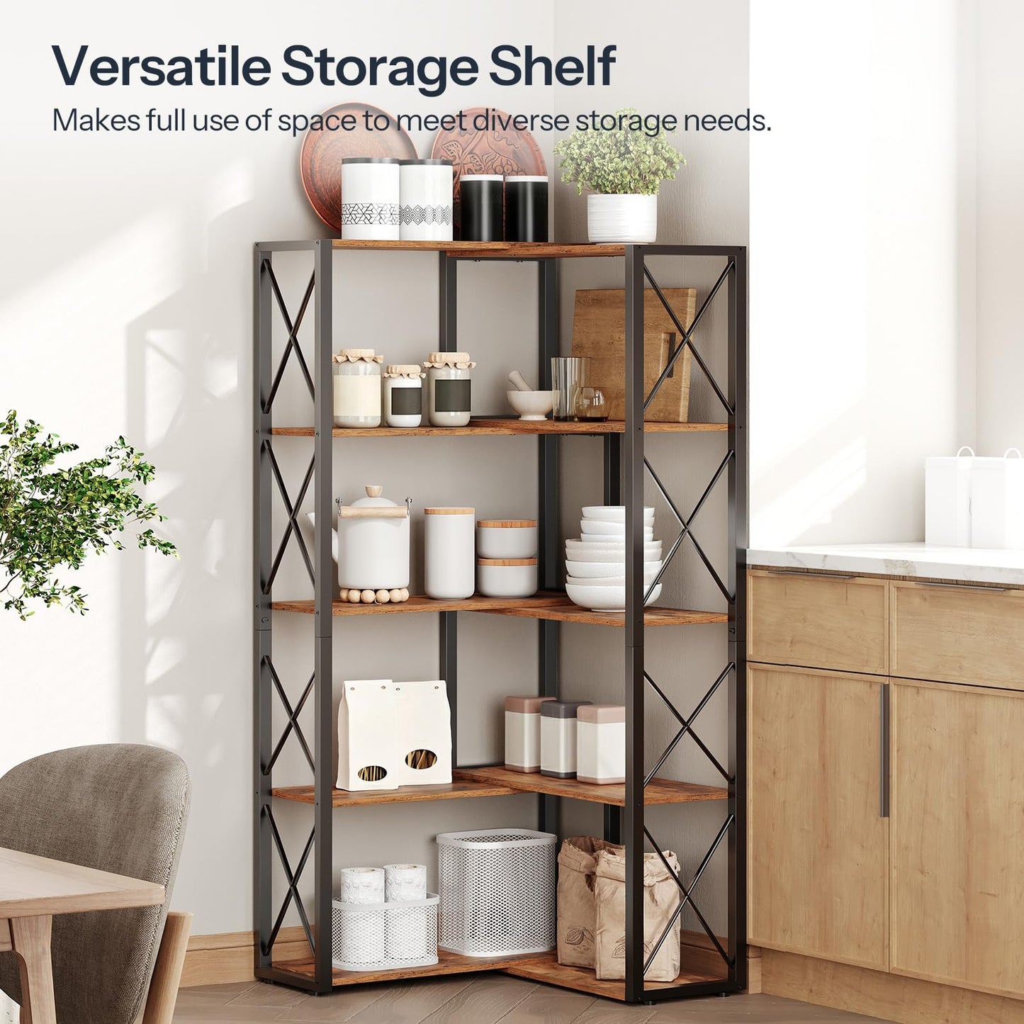 HOOBRO Corner Bookshelf, 5-Tier Industrial Corner Bookcase, Open Display Storage Rack, Vertical or L-Shaped, for Office, Living Room, Bedroom, Rustic Brown and Black BF66SJ01