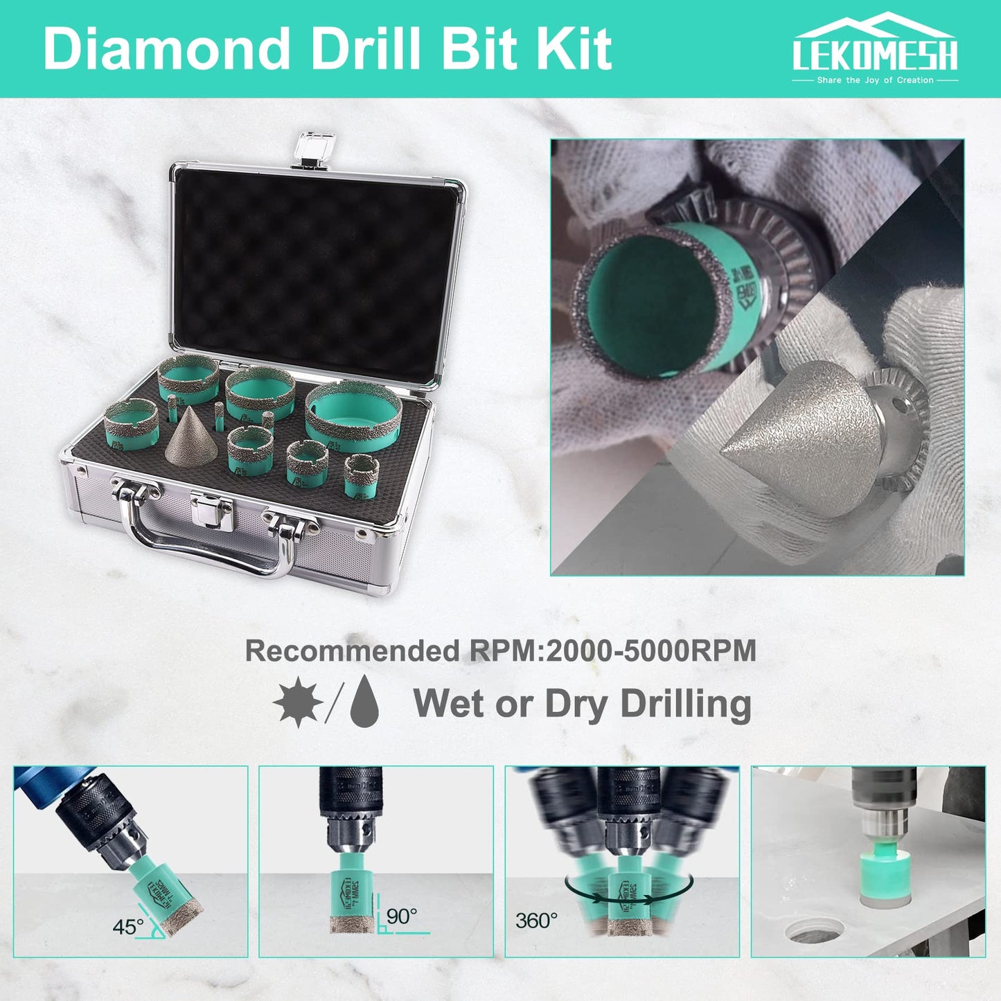 LEKOMESH Diamond Core Drill Bits Set 11pcs Tile Hole Saw Kit Triangle Shank(6/6/8/20/25/28/35/45/50/65mm/35mm Diamond Chamfer bits)