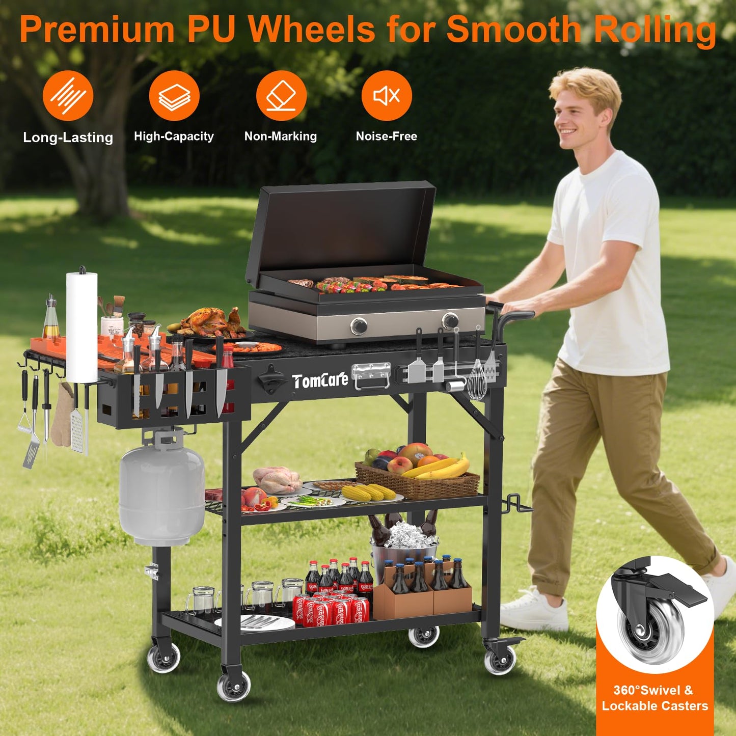 TomCare Grill Table with 3-Tier Storage Shelves Lockable Wheels Grill Cart with Silicone Grill Mat Heavy Duty Outdoor Tabletop Griddle Stand Holds 500Lbs Fits 22” Blackstone Ninja Cuisinart BBQ Grill