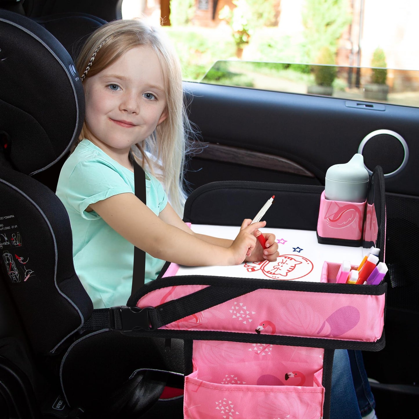 WENRENER Kids Travel Tray, Car Seat Tray for kids Travel, Toddler Road Trip Essentials With Drawing Kit, Toddler Lap Desk Organizer for Car, Carseat Table for Airplane